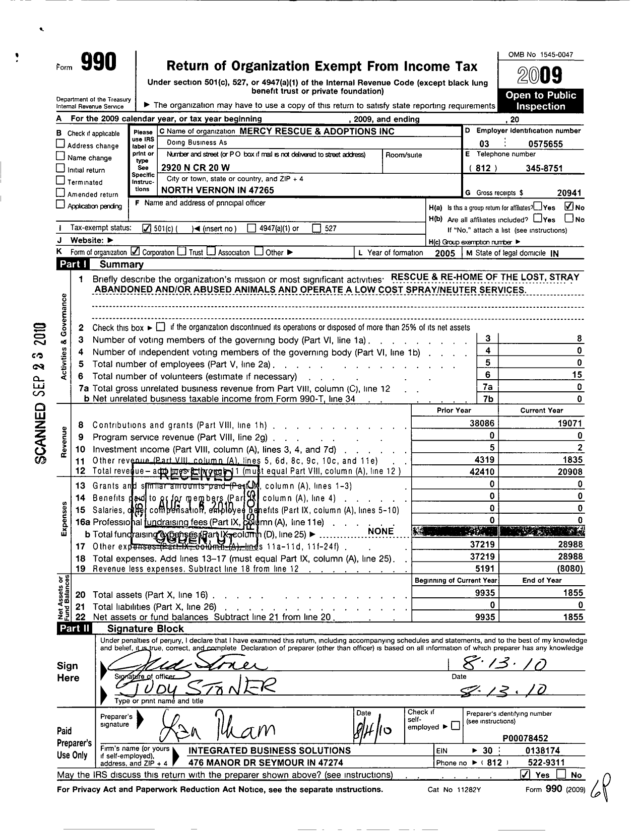 Image of first page of 2009 Form 990O for Mercy Rescue and Adoption