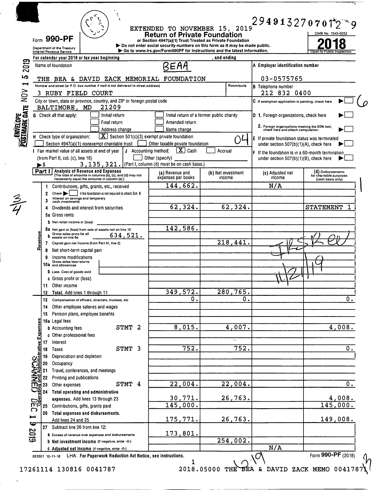 Image of first page of 2018 Form 990PF for The Bea and David Zack Memorial Foundation