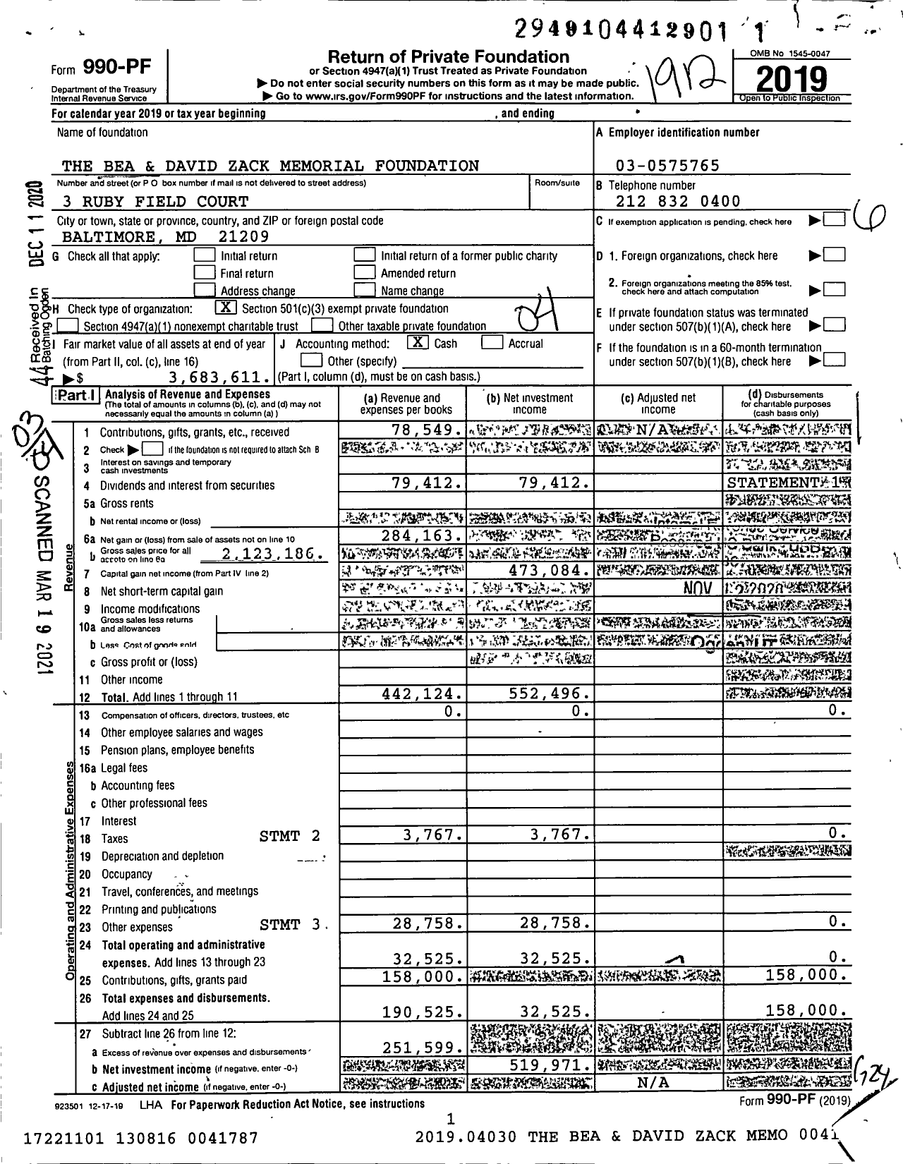 Image of first page of 2019 Form 990PF for The Bea and David Zack Memorial Foundation
