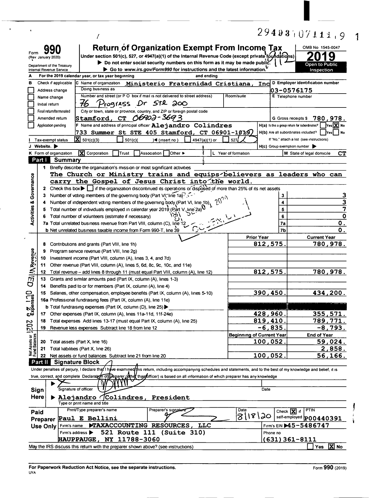 Image of first page of 2019 Form 990 for Ministerio Fraternidad Cristiana