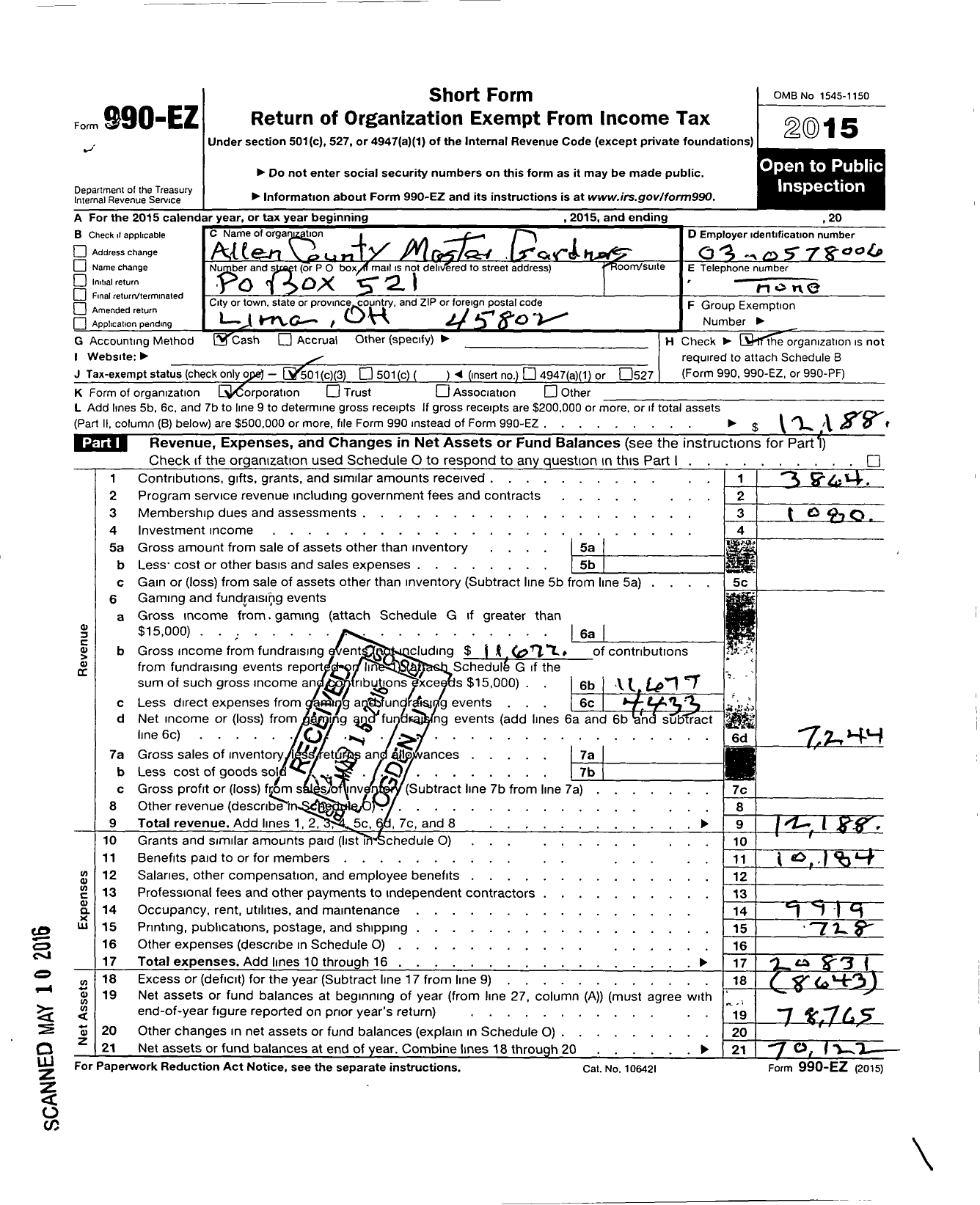 Image of first page of 2015 Form 990EZ for Allen County Master Gardeners