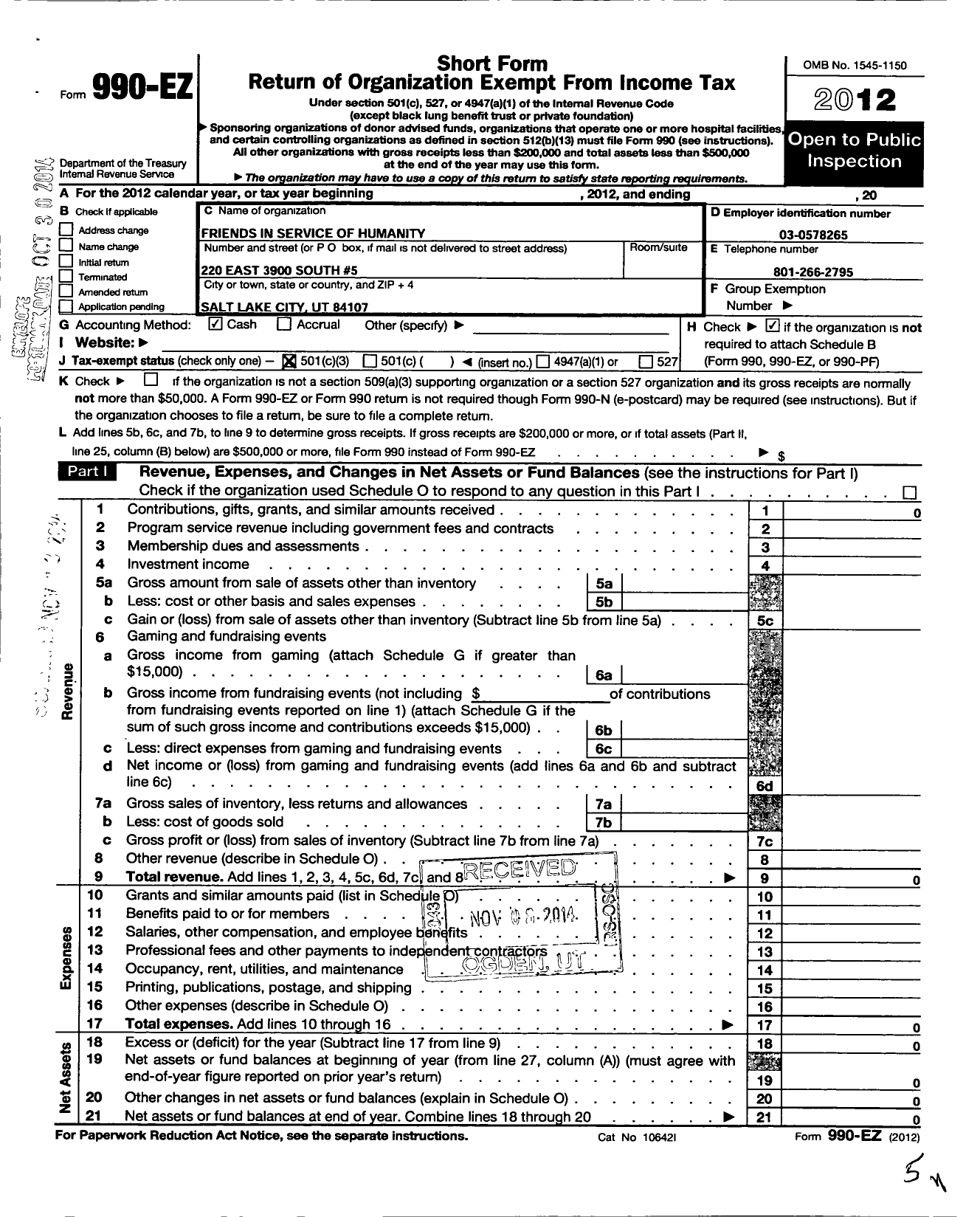 Image of first page of 2012 Form 990EZ for Friends in Service of Humanity