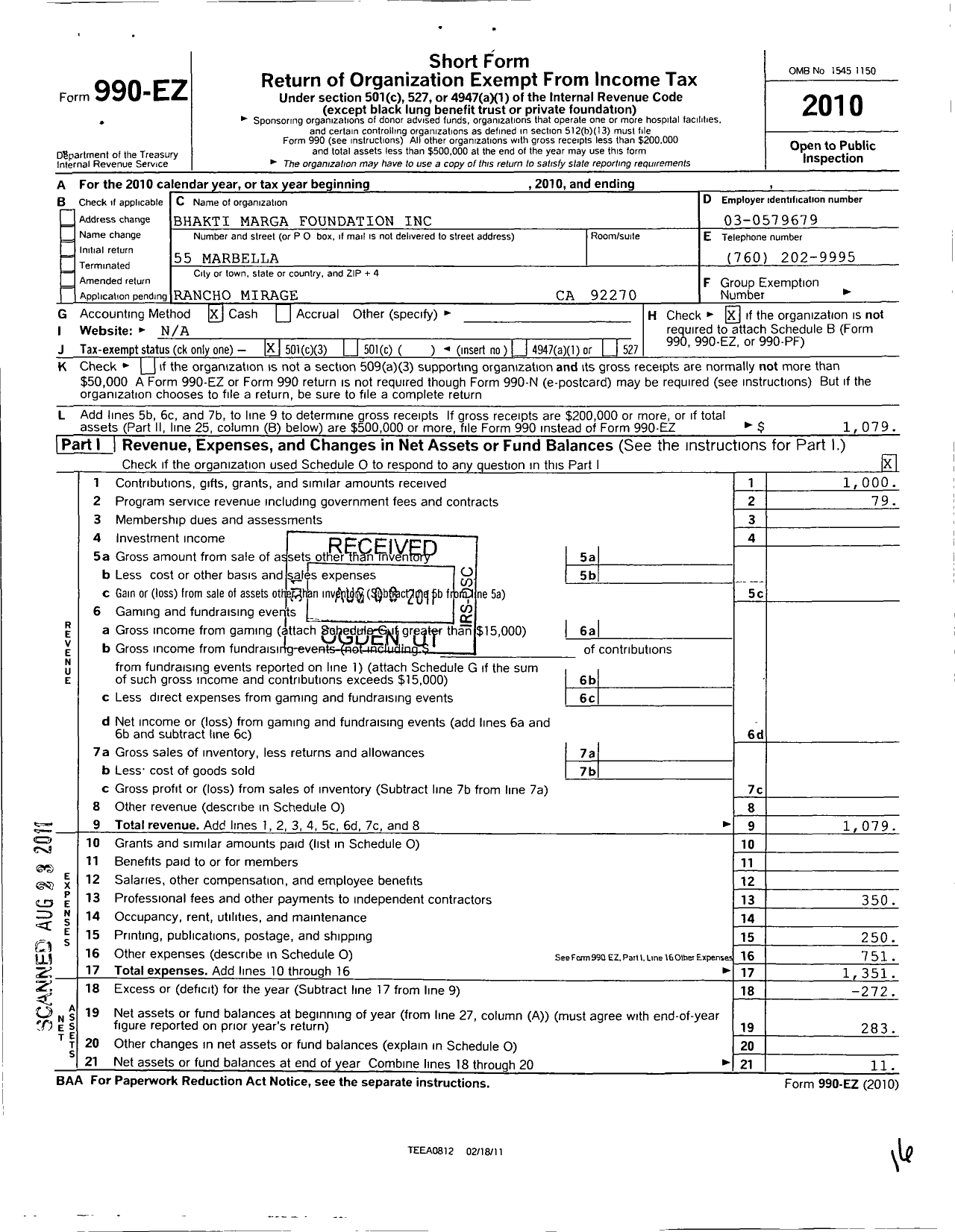 Image of first page of 2010 Form 990EZ for Bhakti Marga Foundation