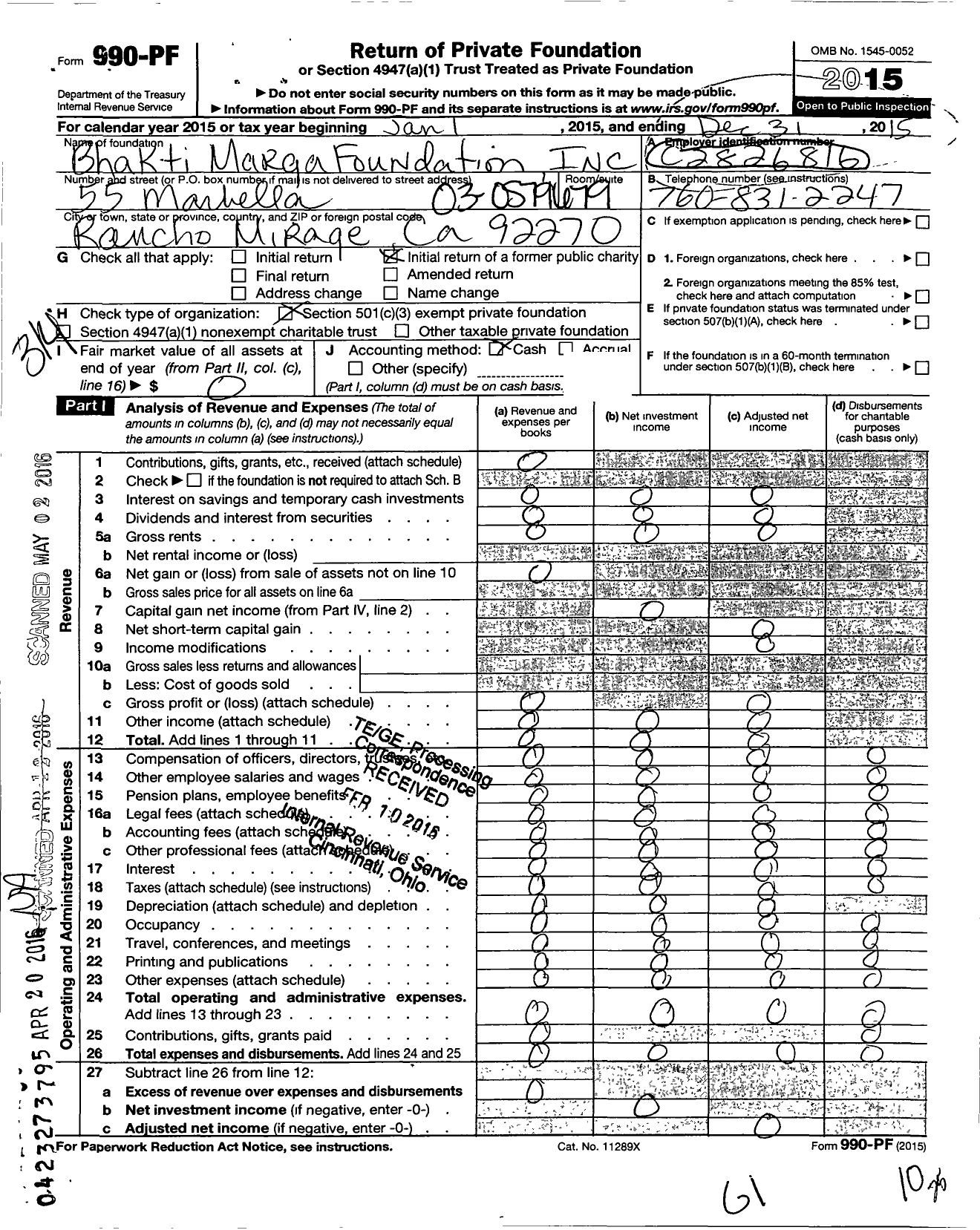 Image of first page of 2015 Form 990PF for Bhakti Marga Foundation