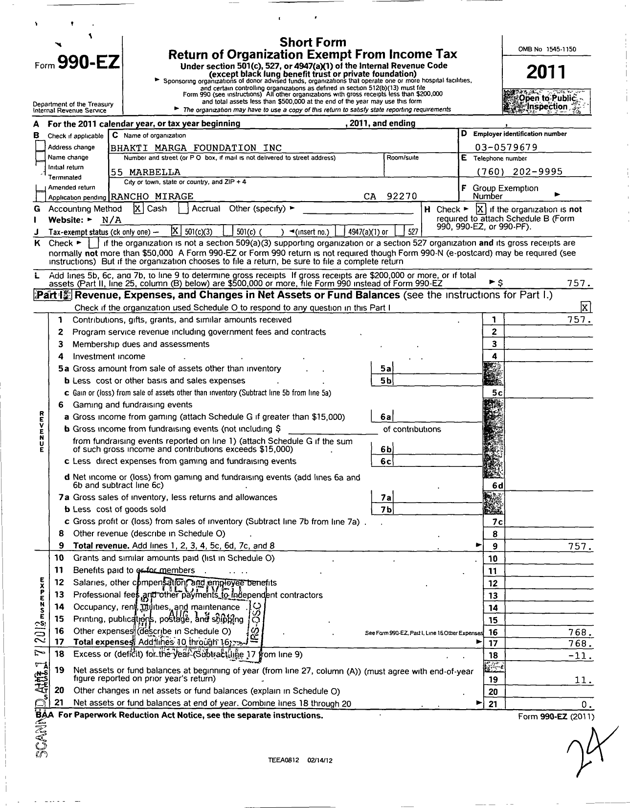 Image of first page of 2011 Form 990EZ for Bhakti Marga Foundation