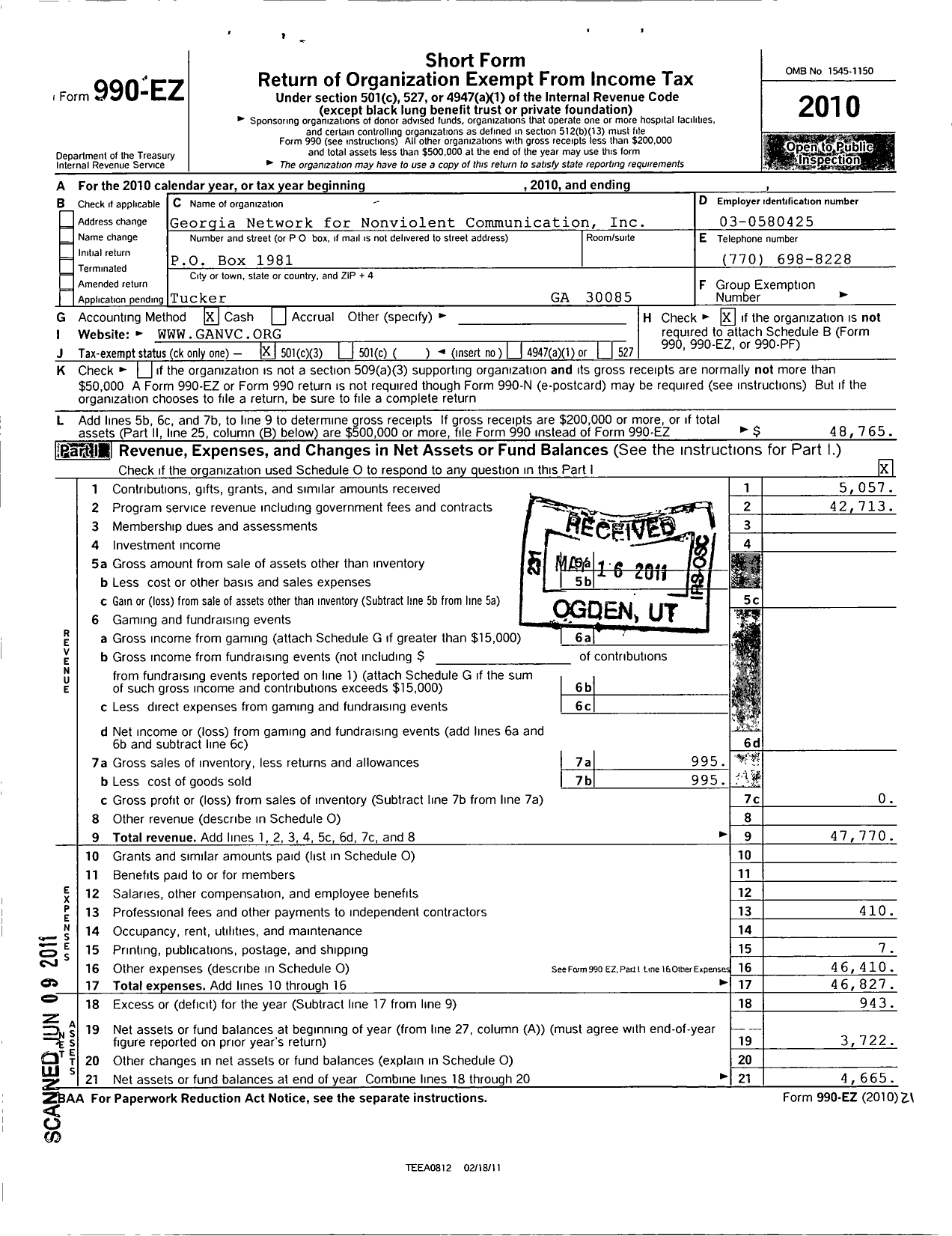 Image of first page of 2010 Form 990EZ for Georgia Network for Nonviolent Communication