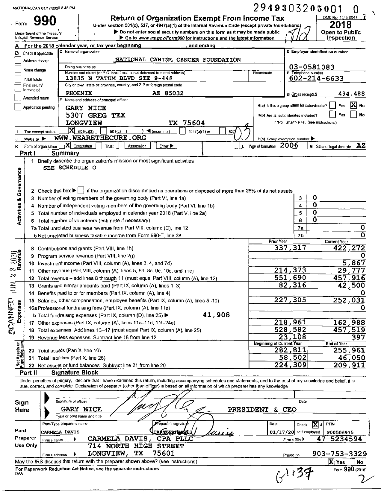 Image of first page of 2018 Form 990 for National Canine Cancer Foundation