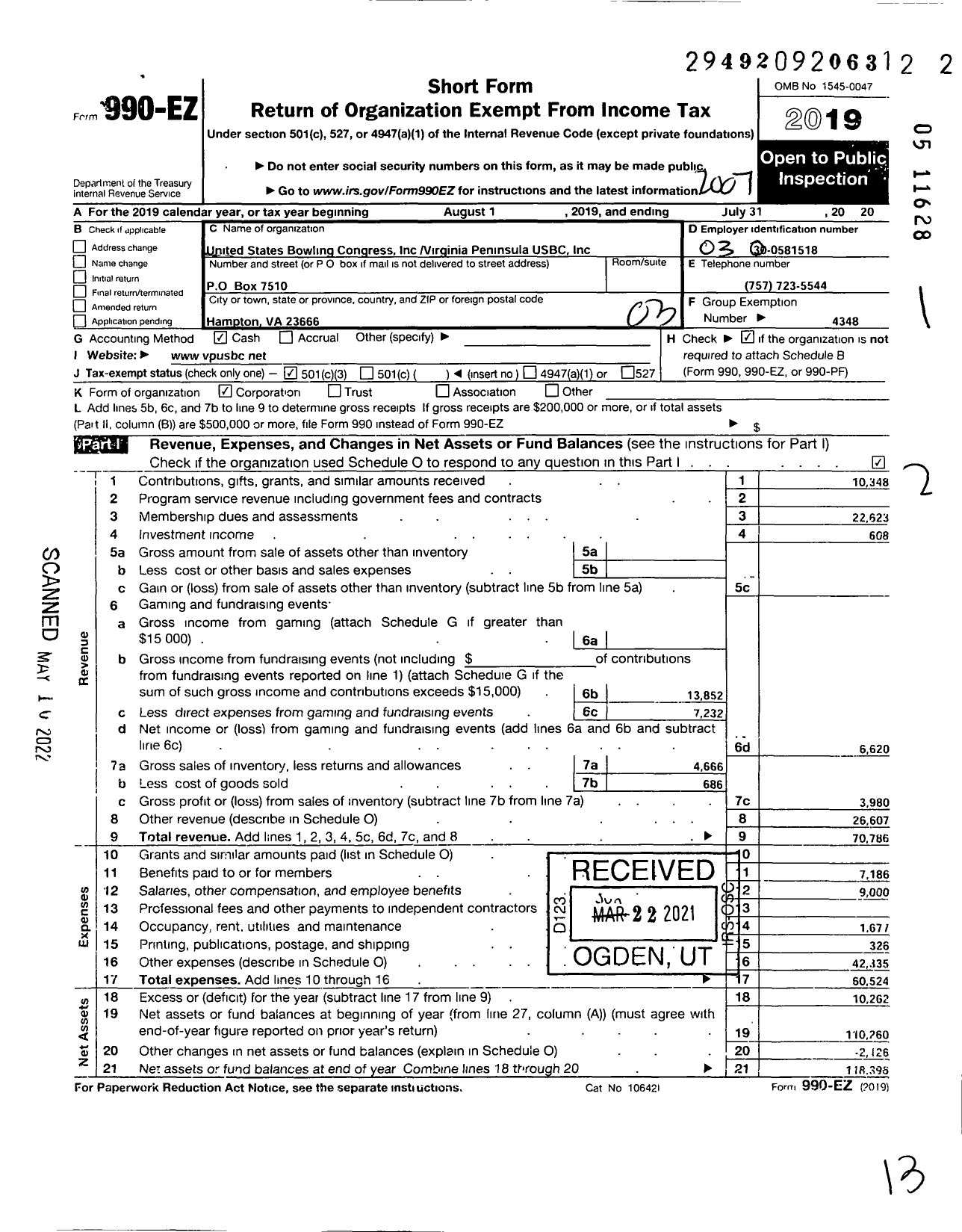 Image of first page of 2019 Form 990EZ for United States Bowling Congress - 86357 Virginia Peninsula Usbc