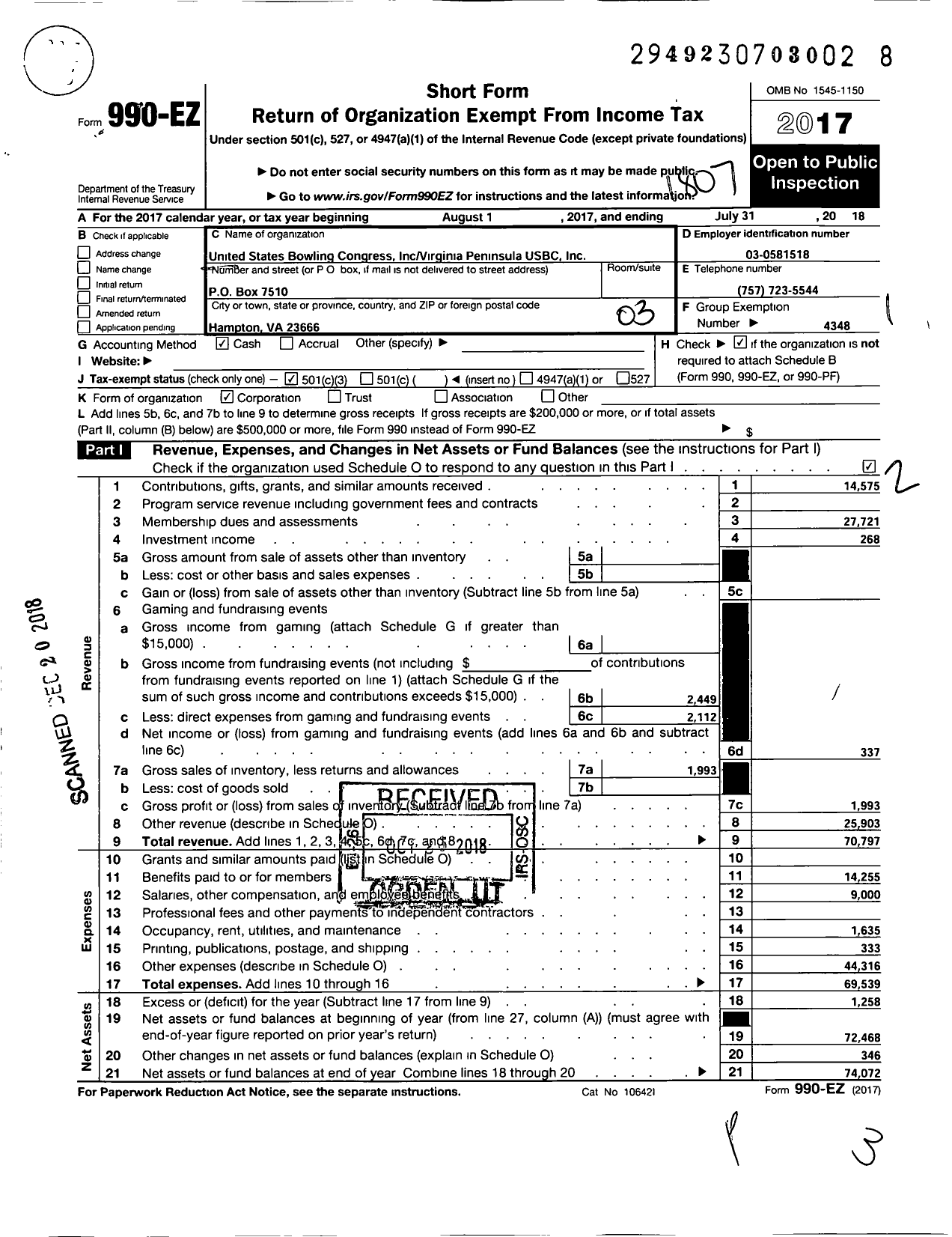 Image of first page of 2017 Form 990EZ for United States Bowling Congress - 86357 Virginia Peninsula Usbc