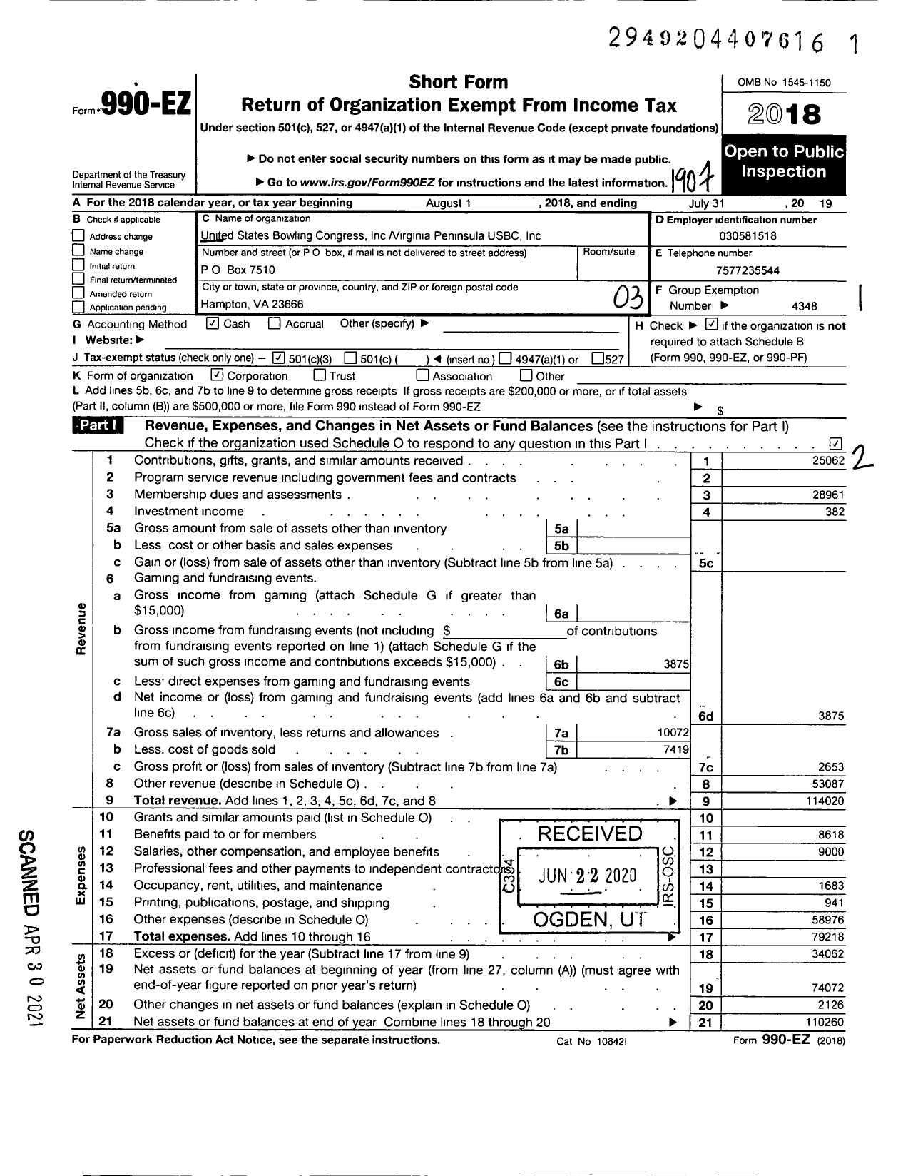 Image of first page of 2018 Form 990EZ for United States Bowling Congress - 86357 Virginia Peninsula Usbc