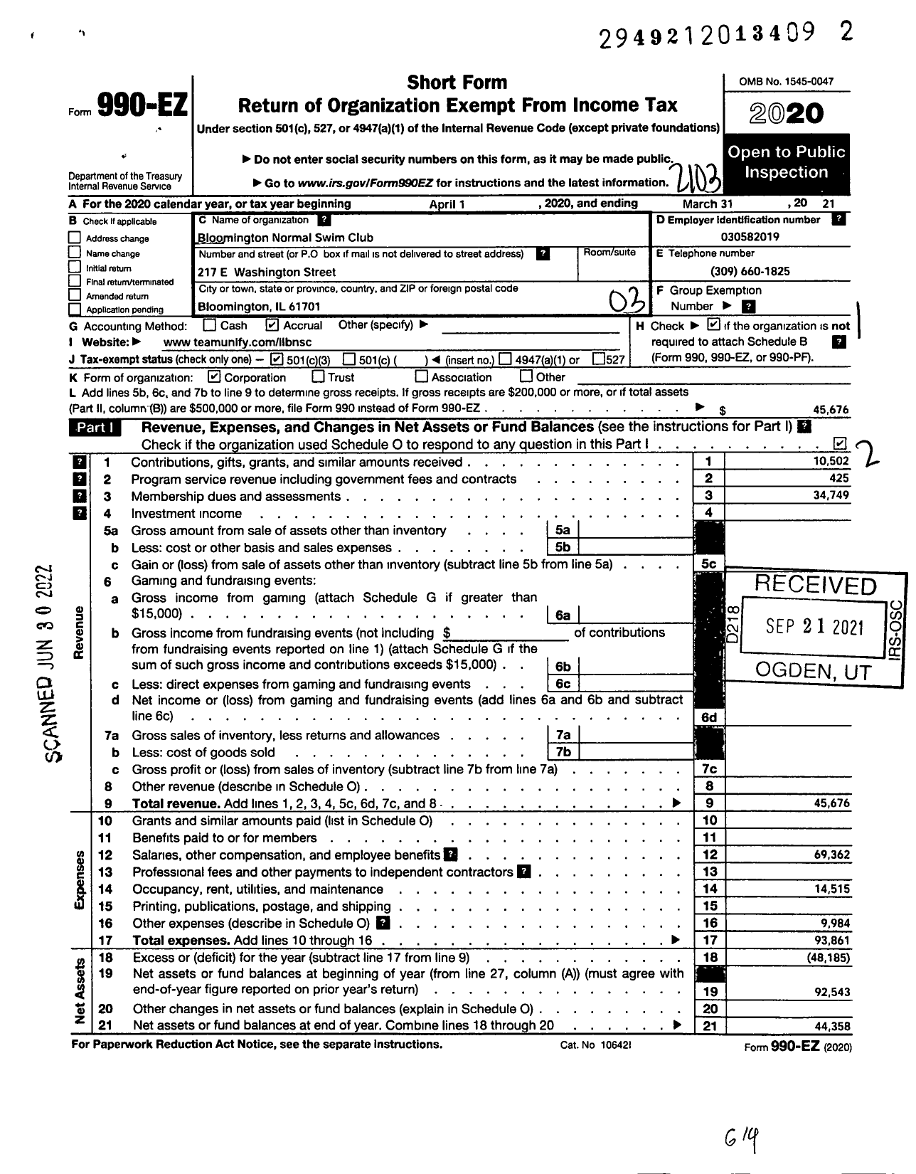 Image of first page of 2020 Form 990EZ for Bloomington Normal Swim Club