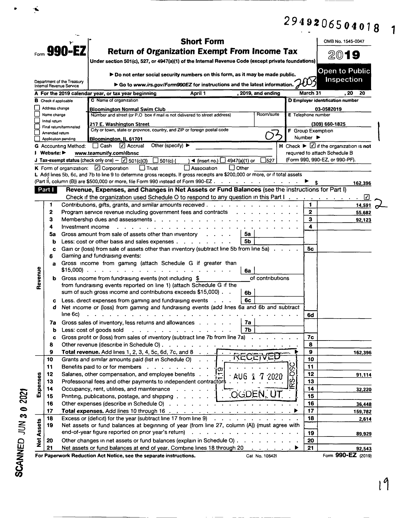 Image of first page of 2019 Form 990EZ for Bloomington Normal Swim Club