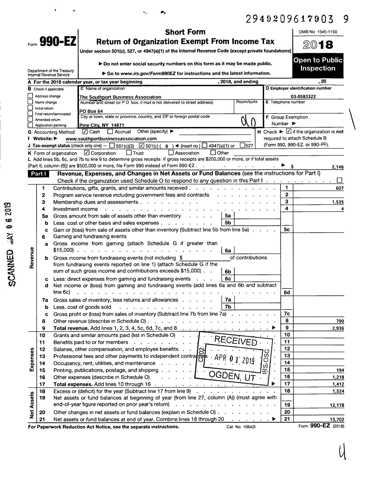 Image of first page of 2018 Form 990EO for Southport Business Association