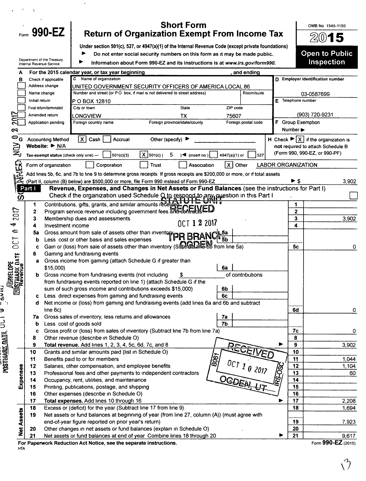 Image of first page of 2015 Form 990EO for United Government Security Officers of America Local Number 86