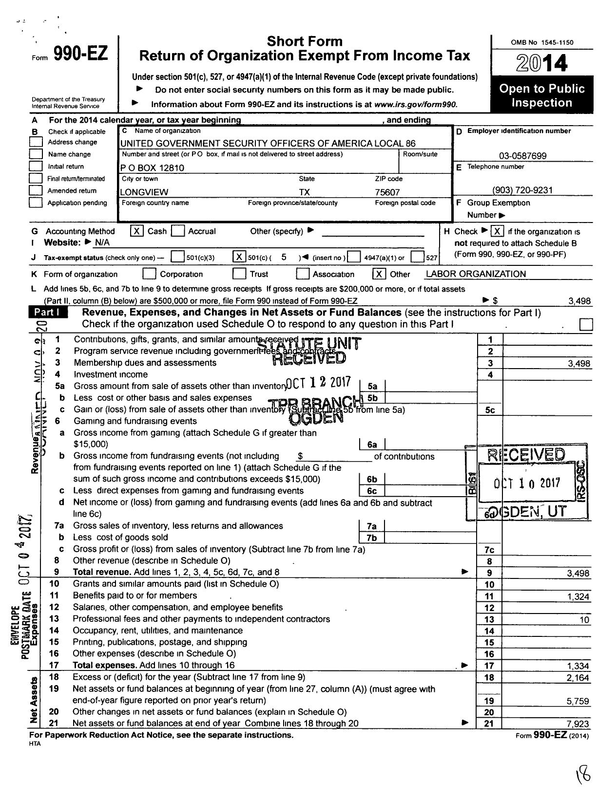 Image of first page of 2014 Form 990EO for United Government Security Officers of America Local Number 86