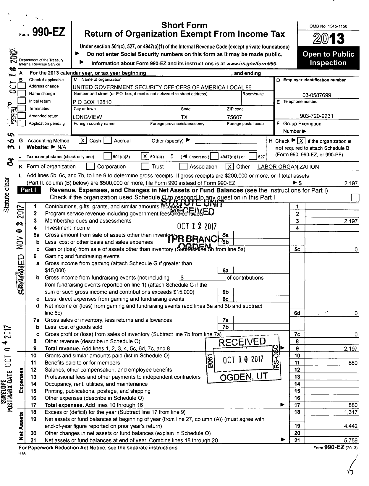 Image of first page of 2013 Form 990EO for United Government Security Officers of America Local Number 86