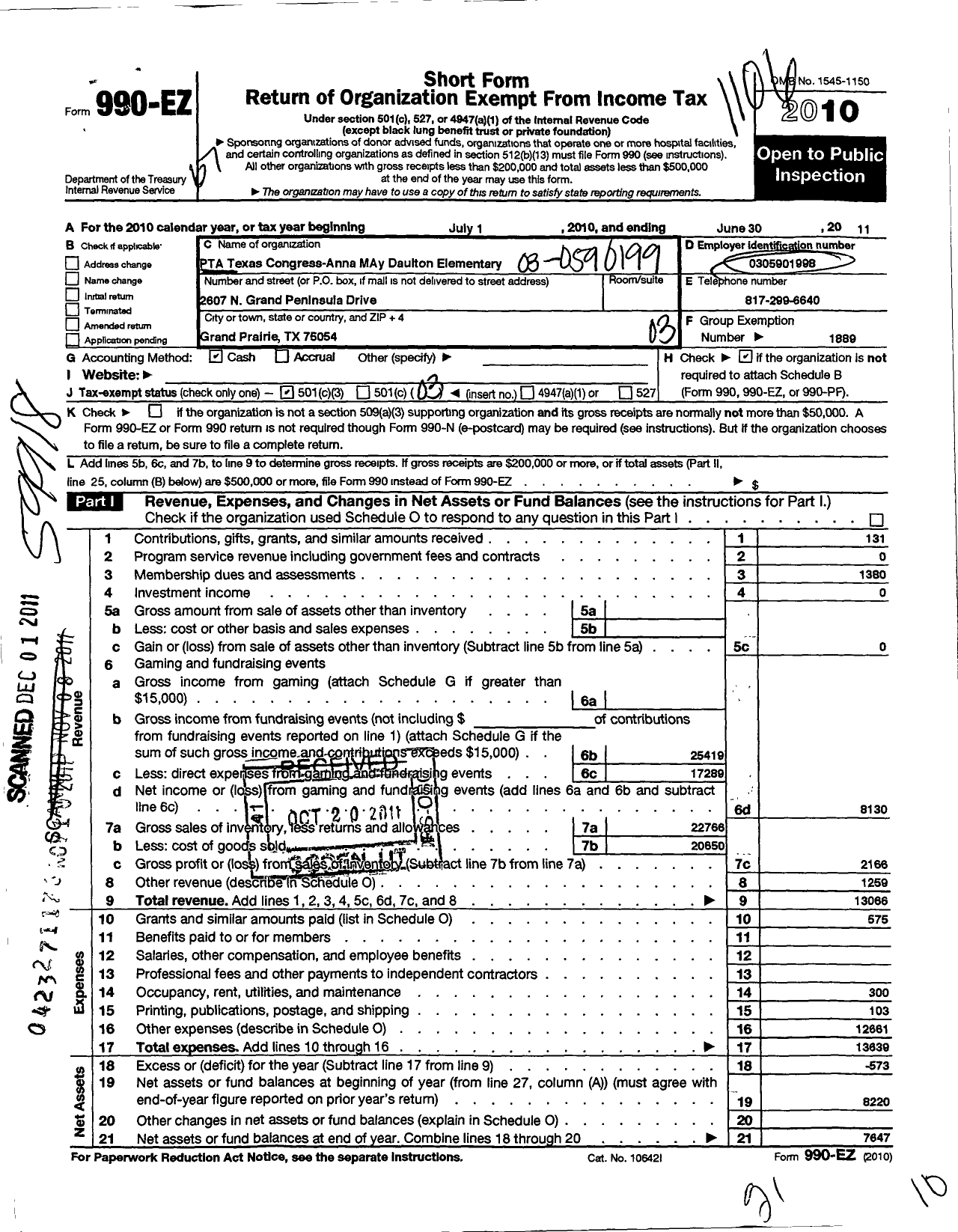 Image of first page of 2010 Form 990EZ for Texas PTA - Anna May Daulton Elementary PTA