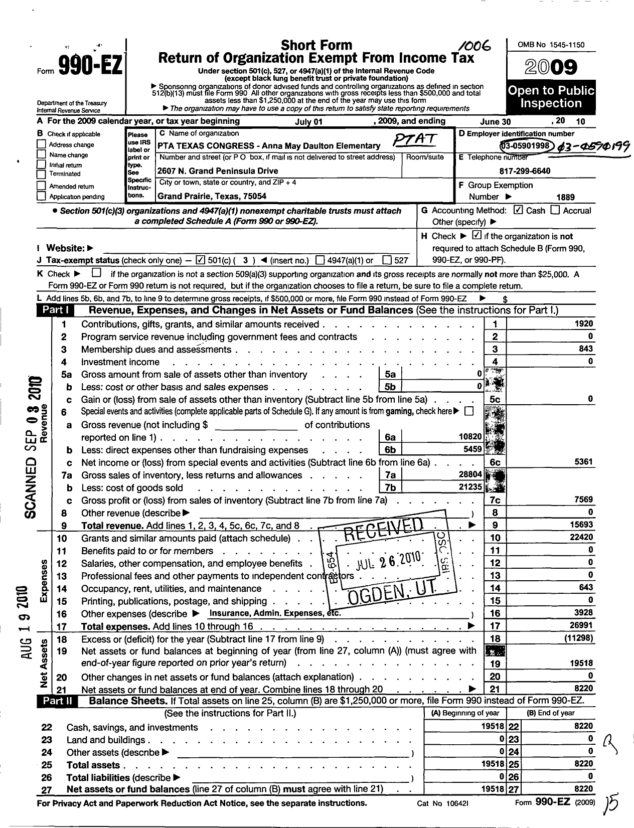 Image of first page of 2009 Form 990EZ for Texas PTA - Anna May Daulton Elementary PTA