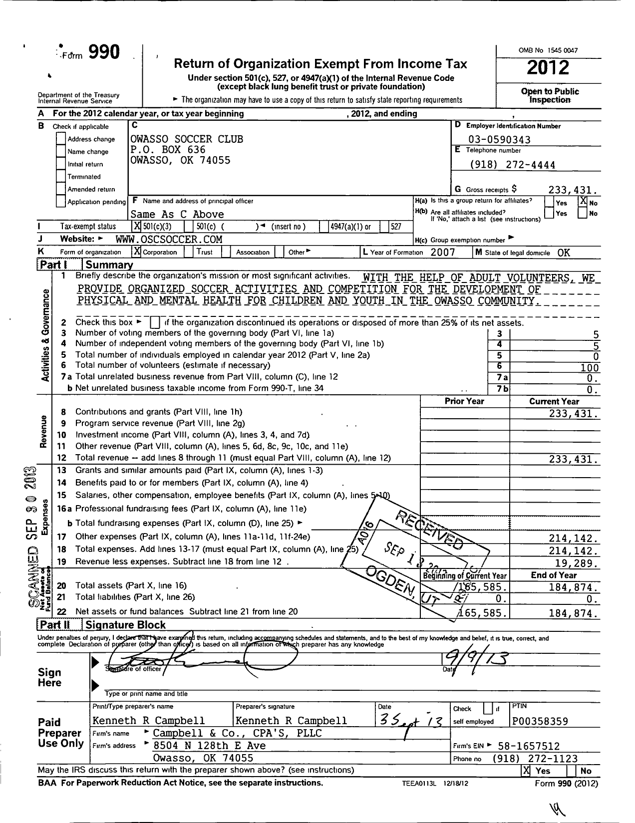 Image of first page of 2012 Form 990 for Owasso Soccer Club