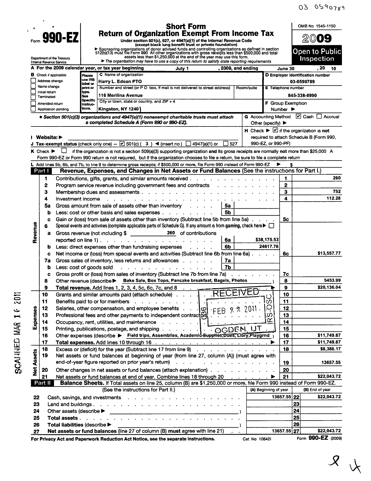 Image of first page of 2009 Form 990EZ for Harry L Edson Pto