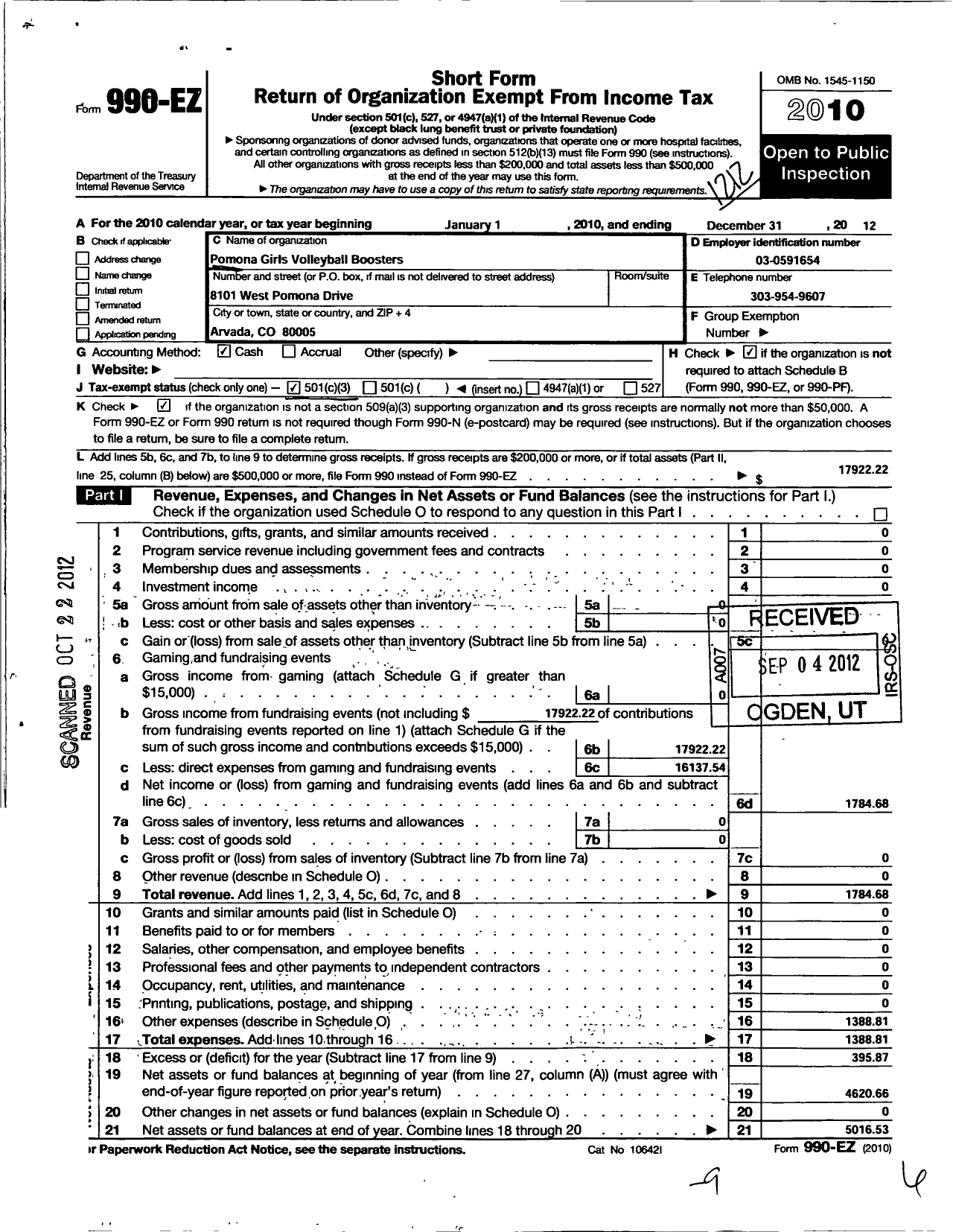 Image of first page of 2012 Form 990EZ for Pomona Girls Volleyball Boosters