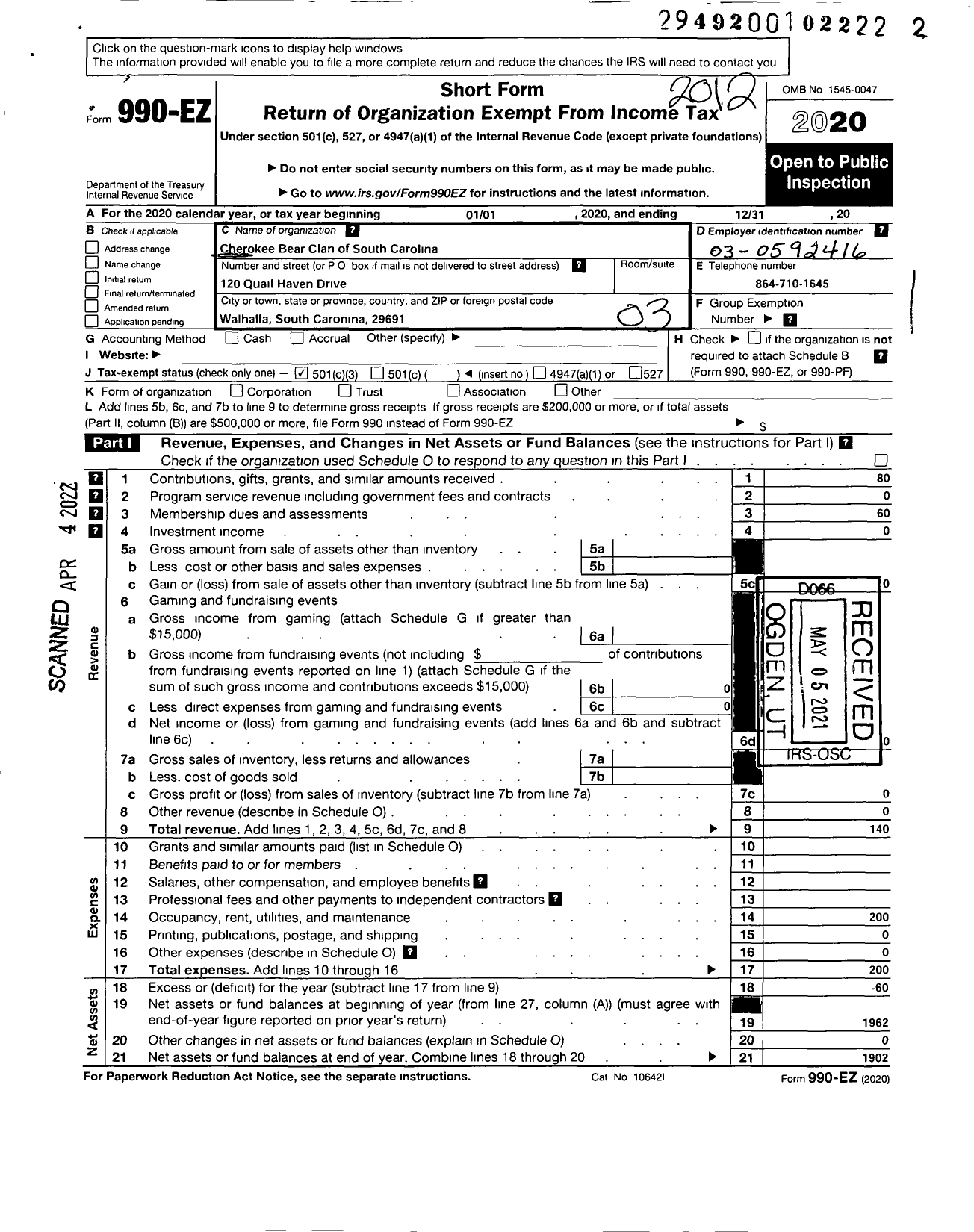 Image of first page of 2020 Form 990EZ for Cherokee Bear Clan of South Carolina