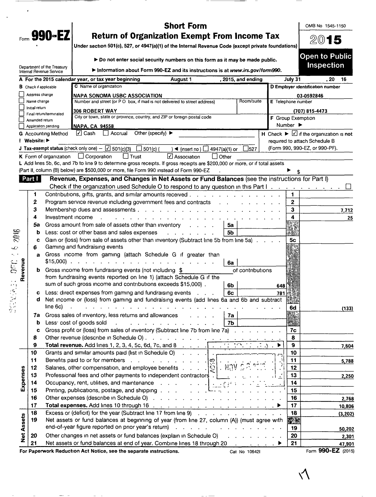 Image of first page of 2015 Form 990EZ for United States Bowling Congress - 82222 Napa Sonoma Usbc