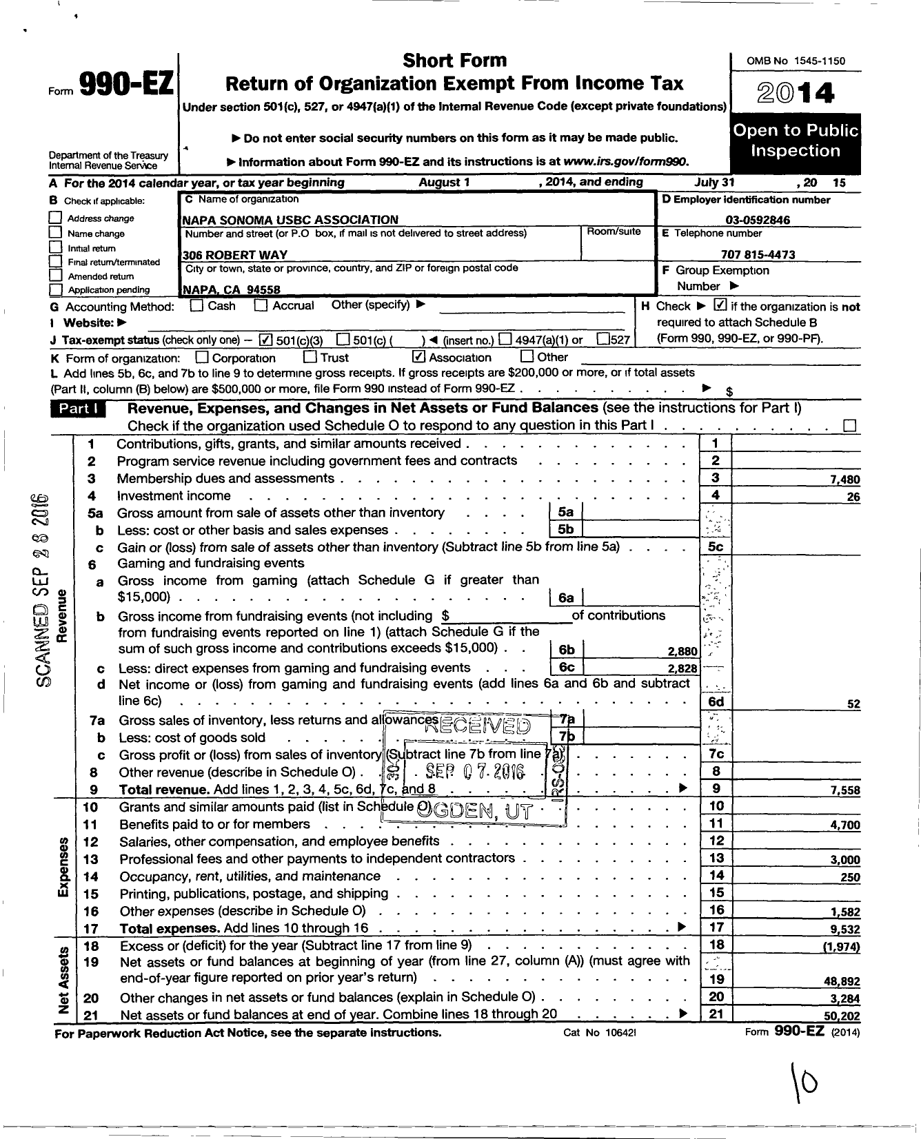 Image of first page of 2014 Form 990EZ for United States Bowling Congress - 82222 Napa Sonoma Usbc