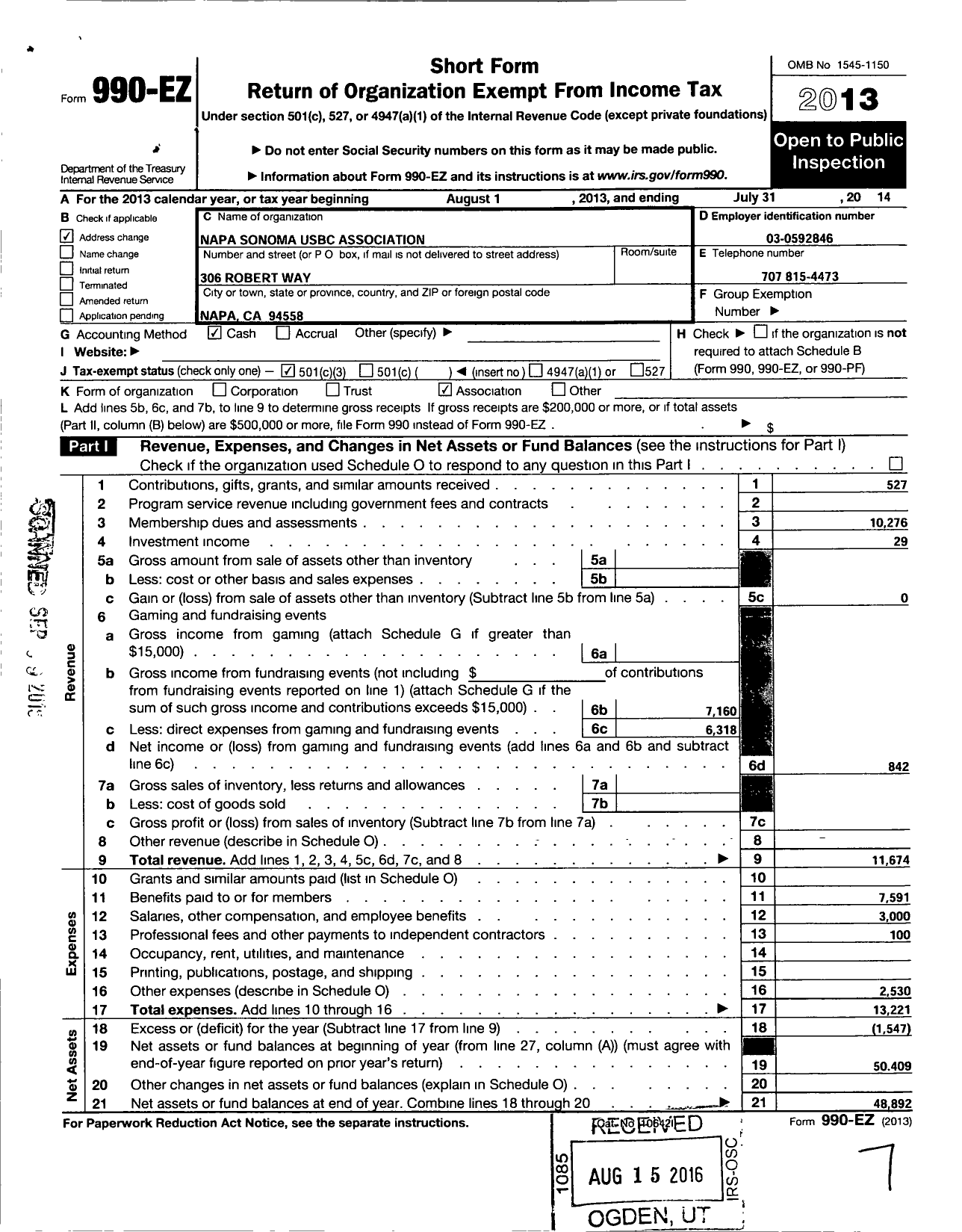 Image of first page of 2013 Form 990EZ for United States Bowling Congress - 82222 Napa Sonoma Usbc