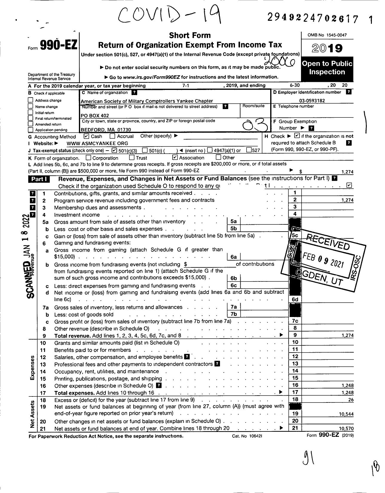 Image of first page of 2019 Form 990EZ for American Society of Military Comptrollers Yankee Chapter