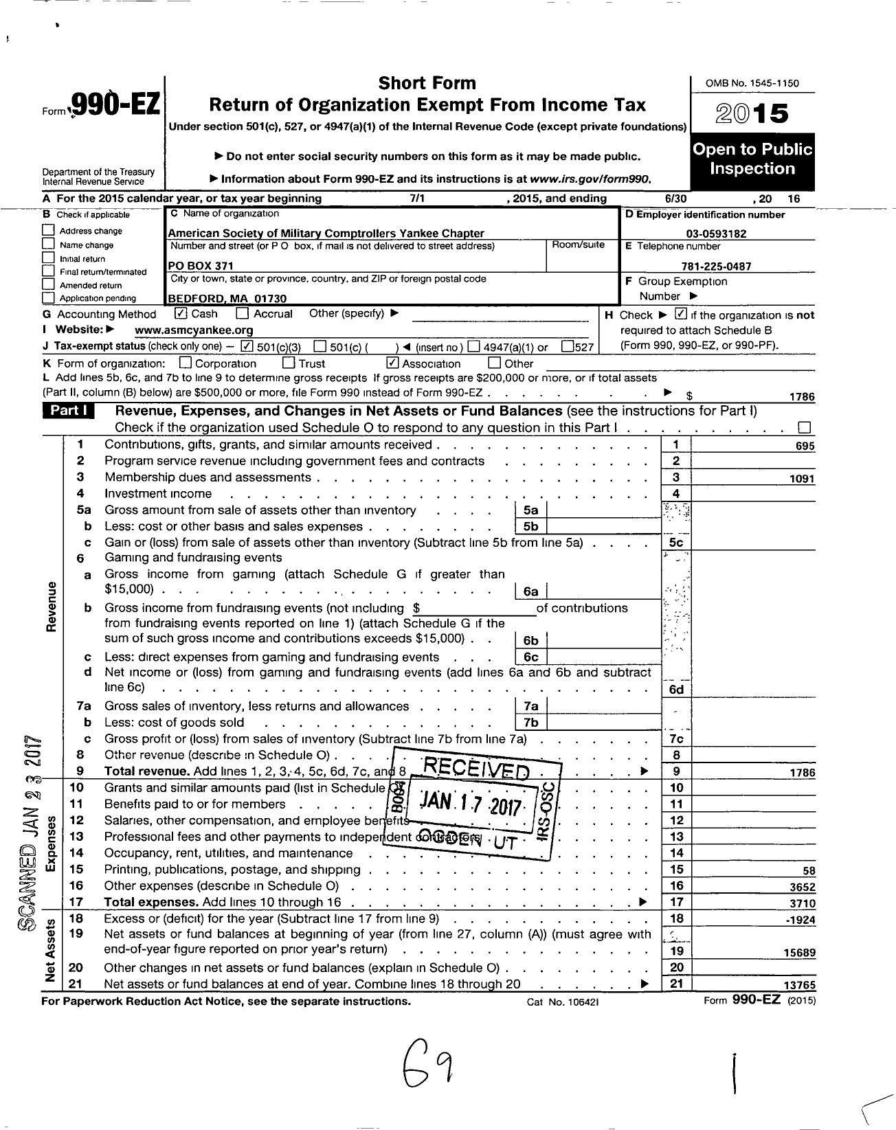 Image of first page of 2015 Form 990EZ for American Society of Military Comptrollers Yankee Chapter