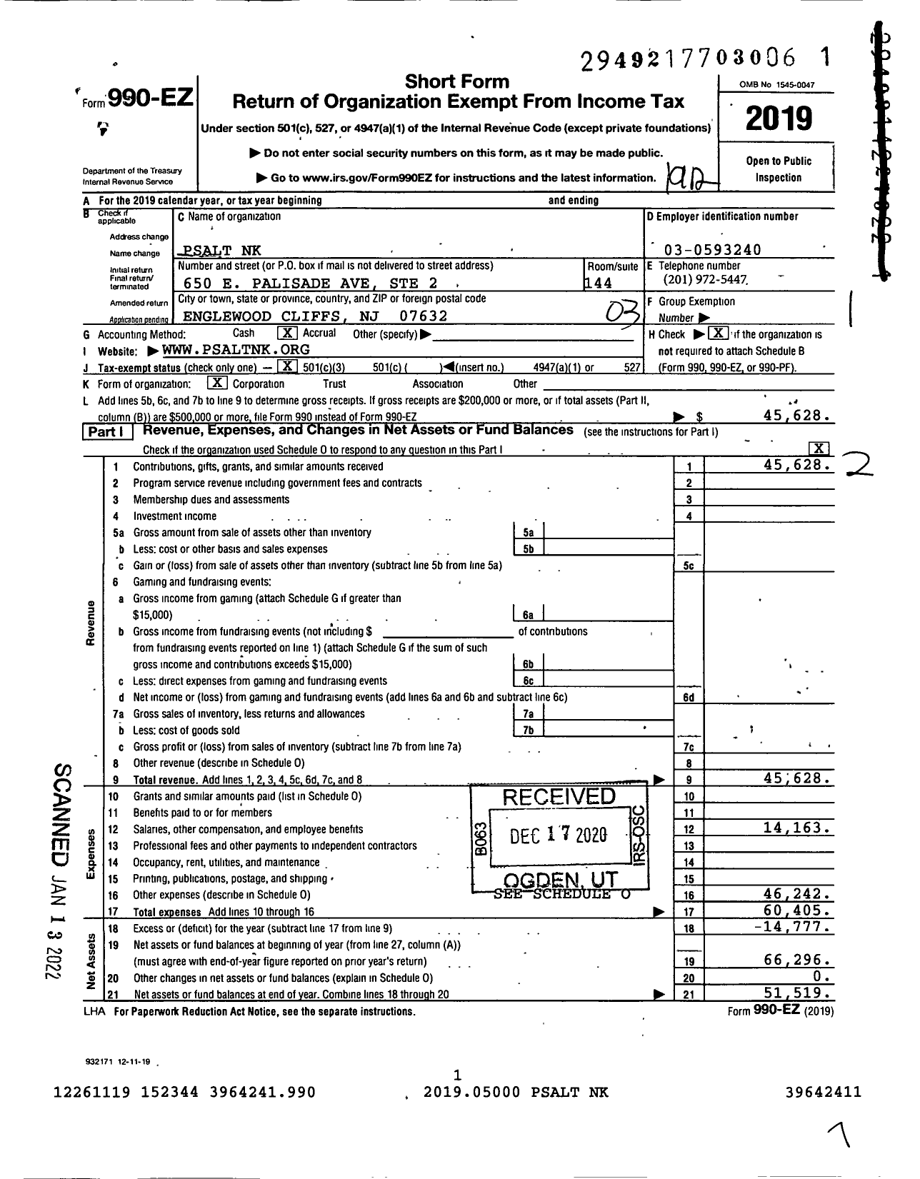 Image of first page of 2019 Form 990EZ for Psalt NK