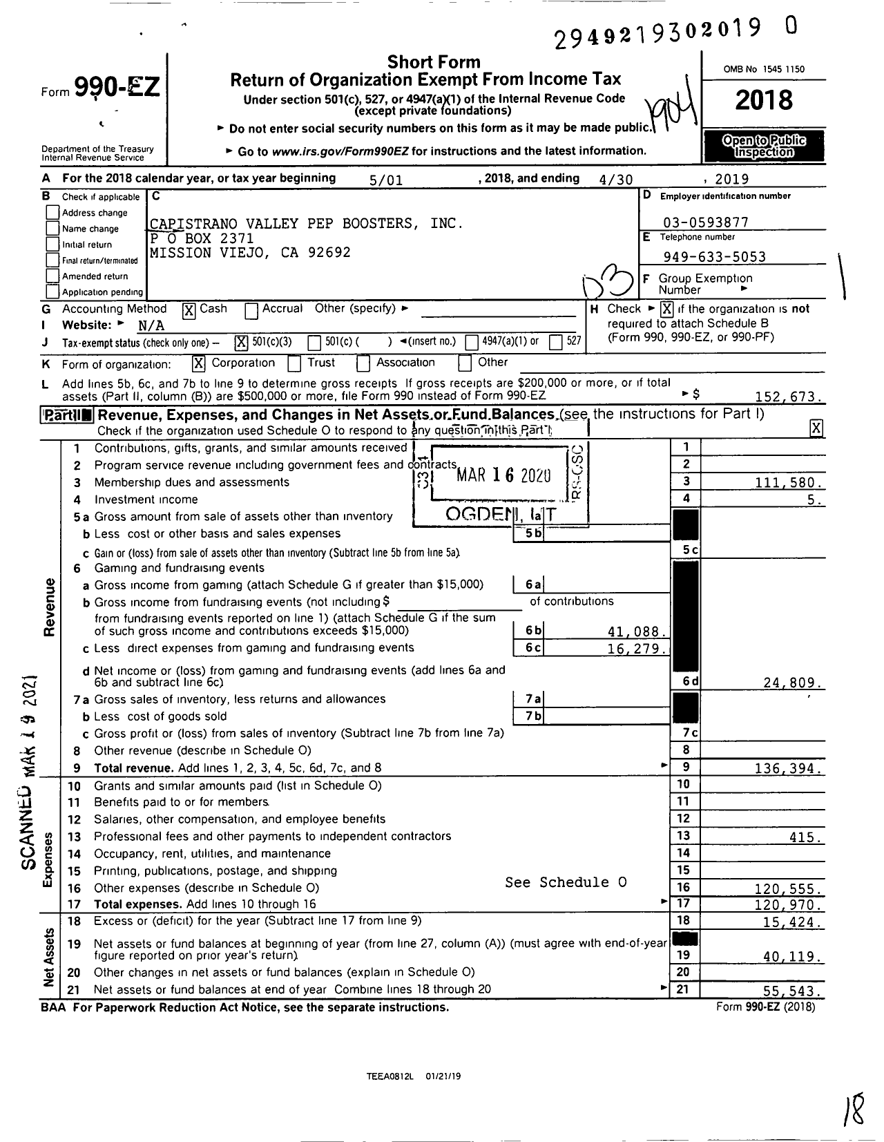 Image of first page of 2018 Form 990EZ for CVHS Pep Boosters