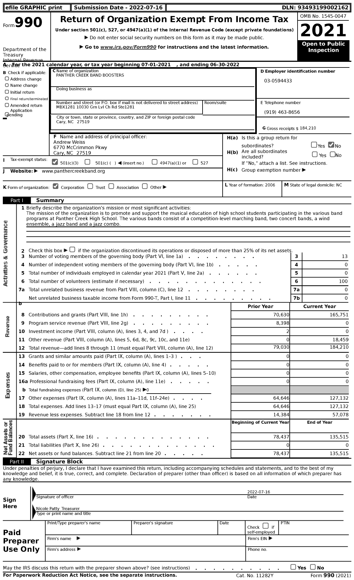 Image of first page of 2021 Form 990 for Panther Creek Band Boosters