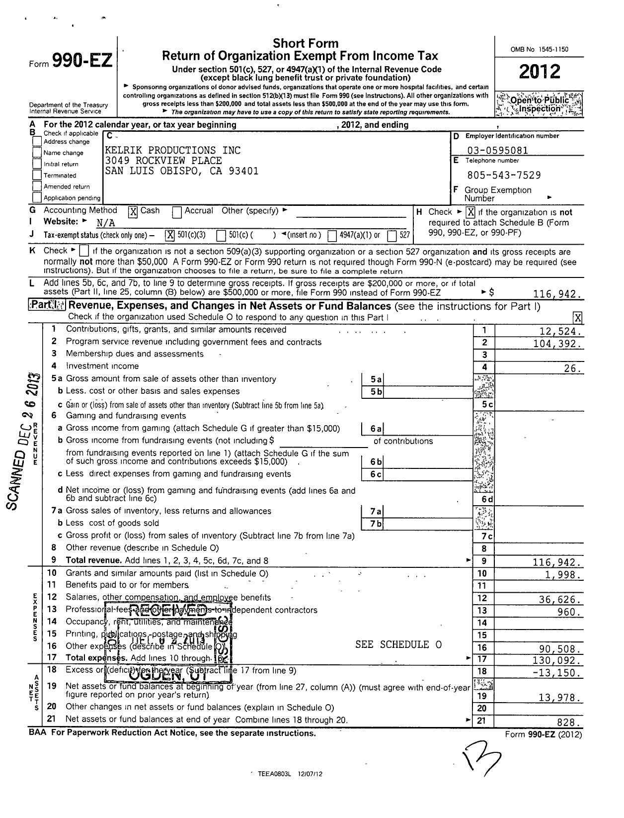 Image of first page of 2012 Form 990EZ for Kelrik Productions