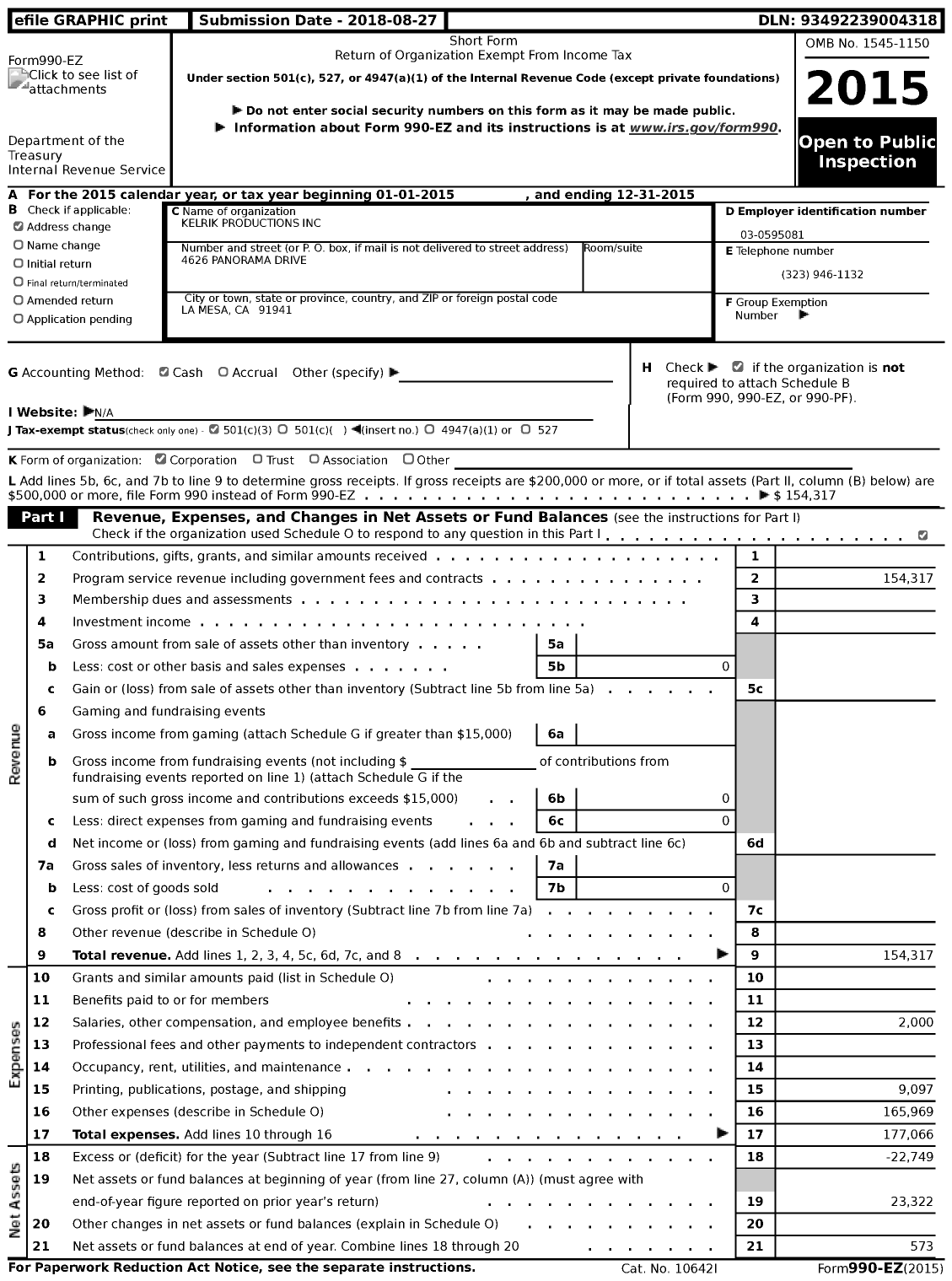 Image of first page of 2015 Form 990EZ for Kelrik Productions