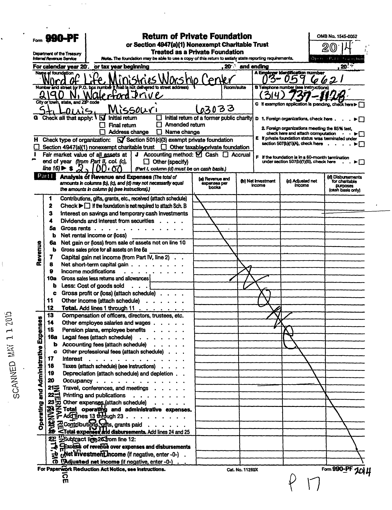 Image of first page of 2014 Form 990PF for Word of Life Ministries Worship Center