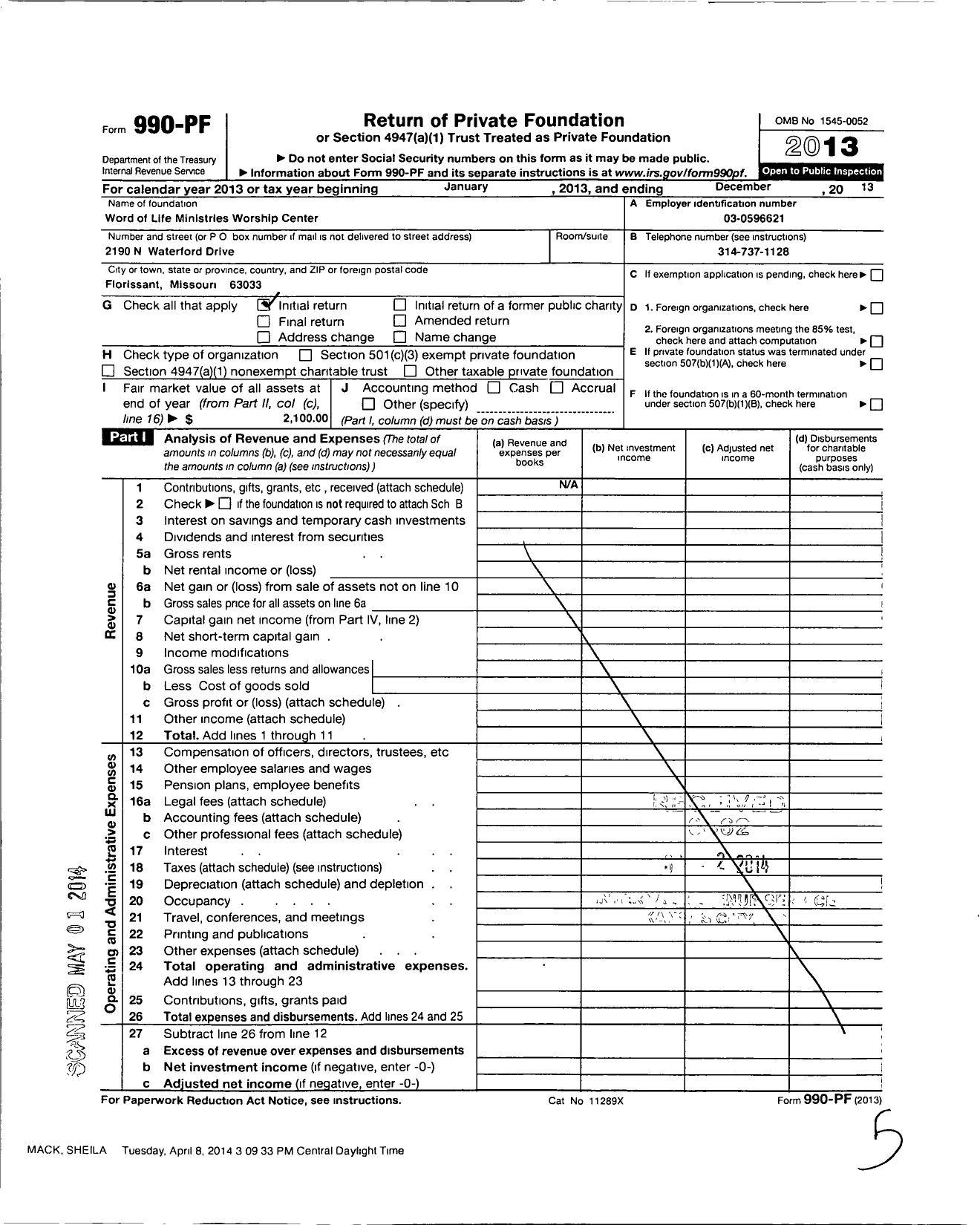 Image of first page of 2013 Form 990PF for Word of Life Ministries Worship Center