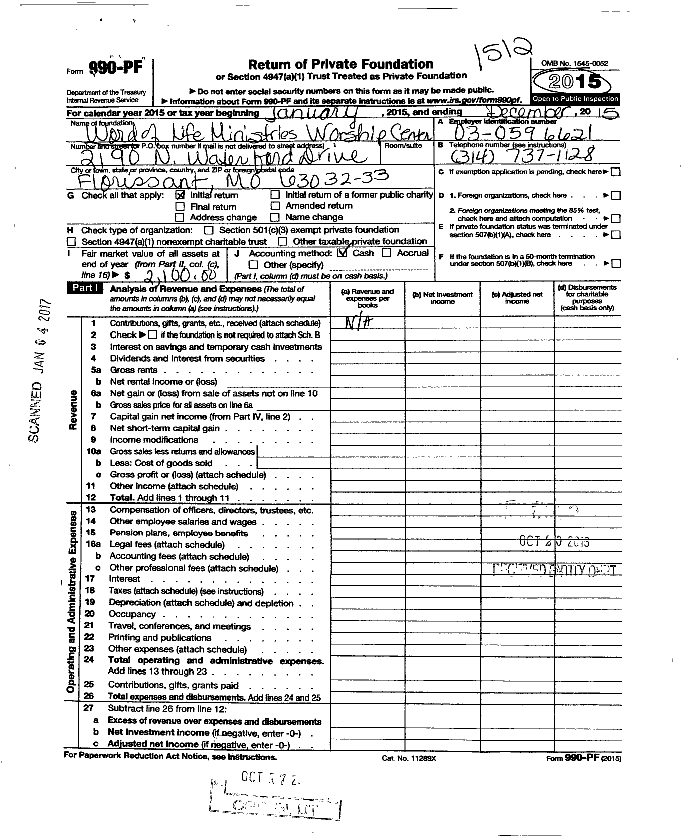 Image of first page of 2015 Form 990PF for Word of Life Ministries Worship Center