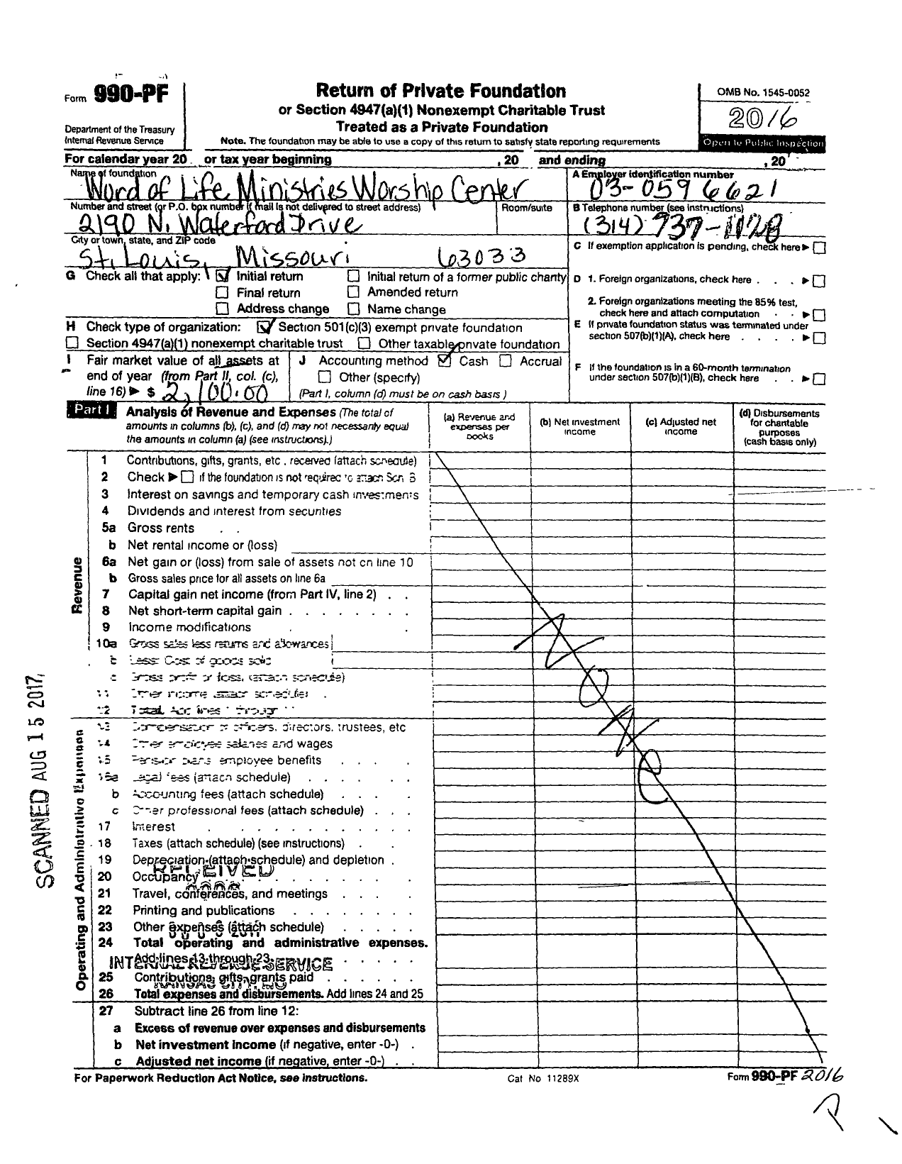 Image of first page of 2016 Form 990PF for Word of Life Ministries Worship Center