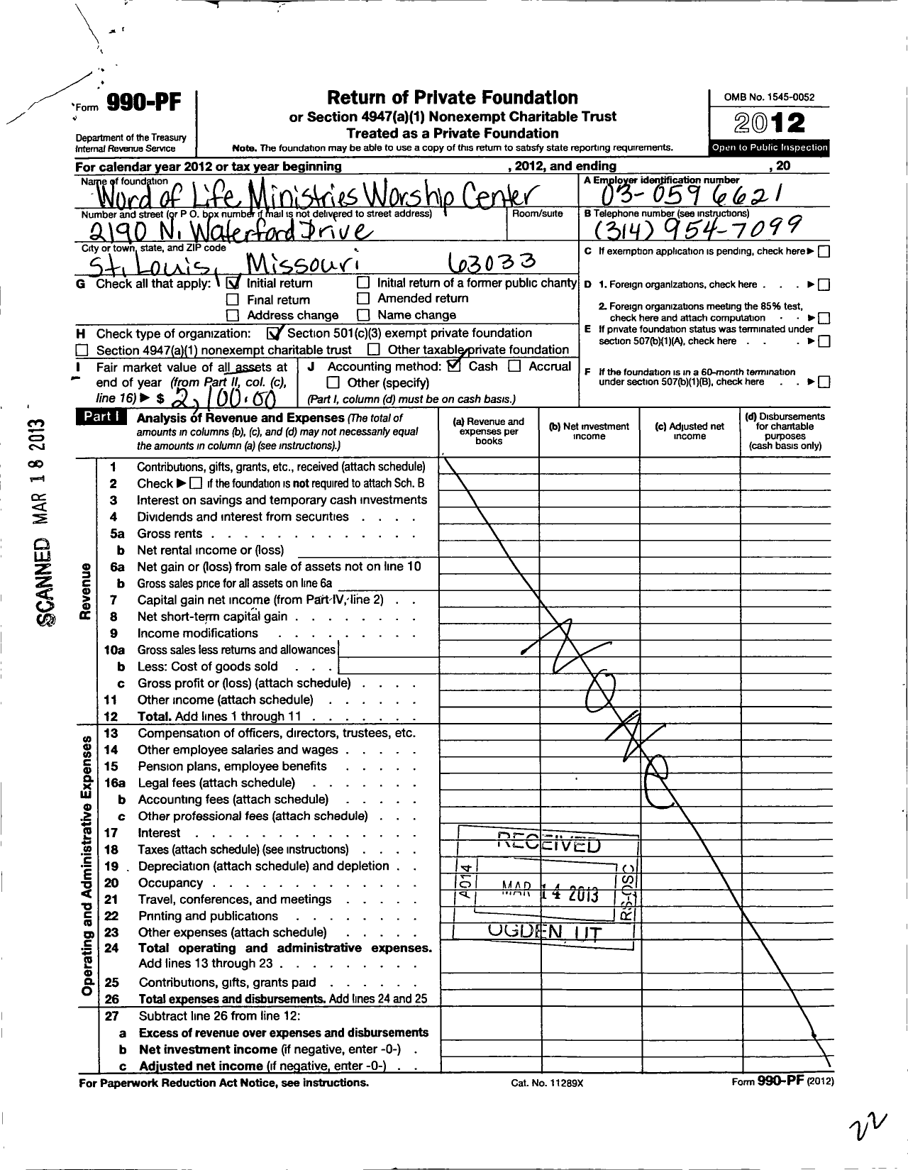 Image of first page of 2012 Form 990PF for Word of Life Ministries Worship Center