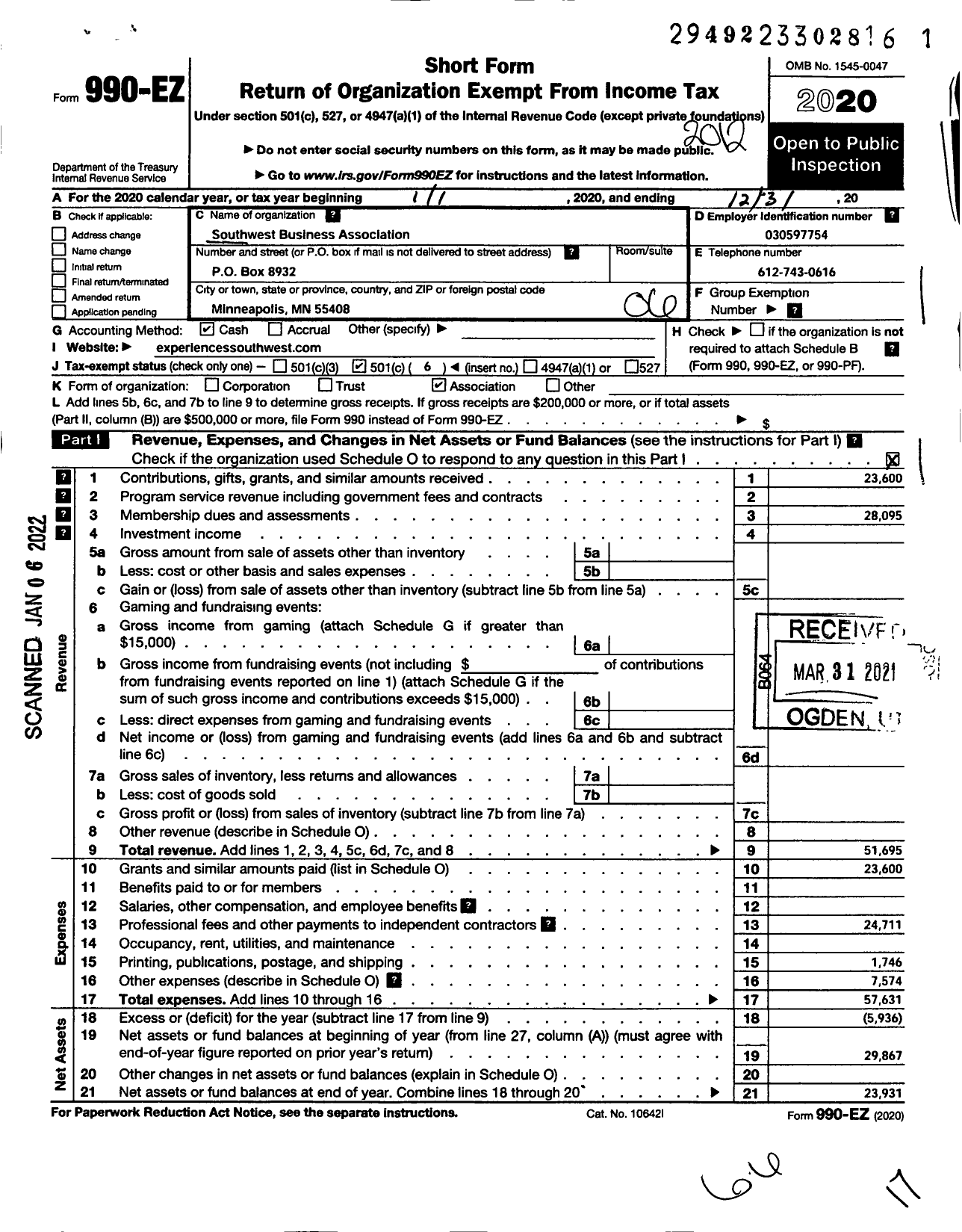 Image of first page of 2020 Form 990EO for Southwest Business Association