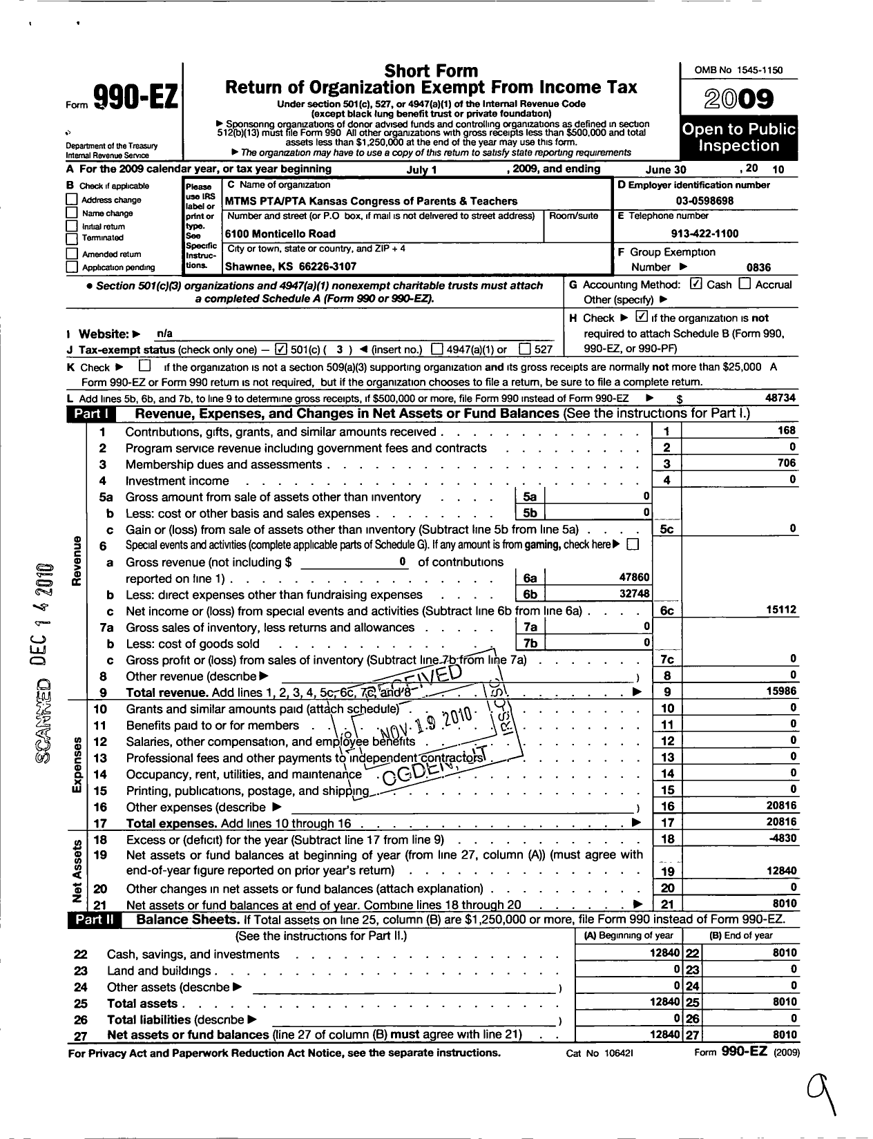 Image of first page of 2009 Form 990EZ for PTA Kansas Congress of Parents and Teachers / Monticello Trails Middle School PTA