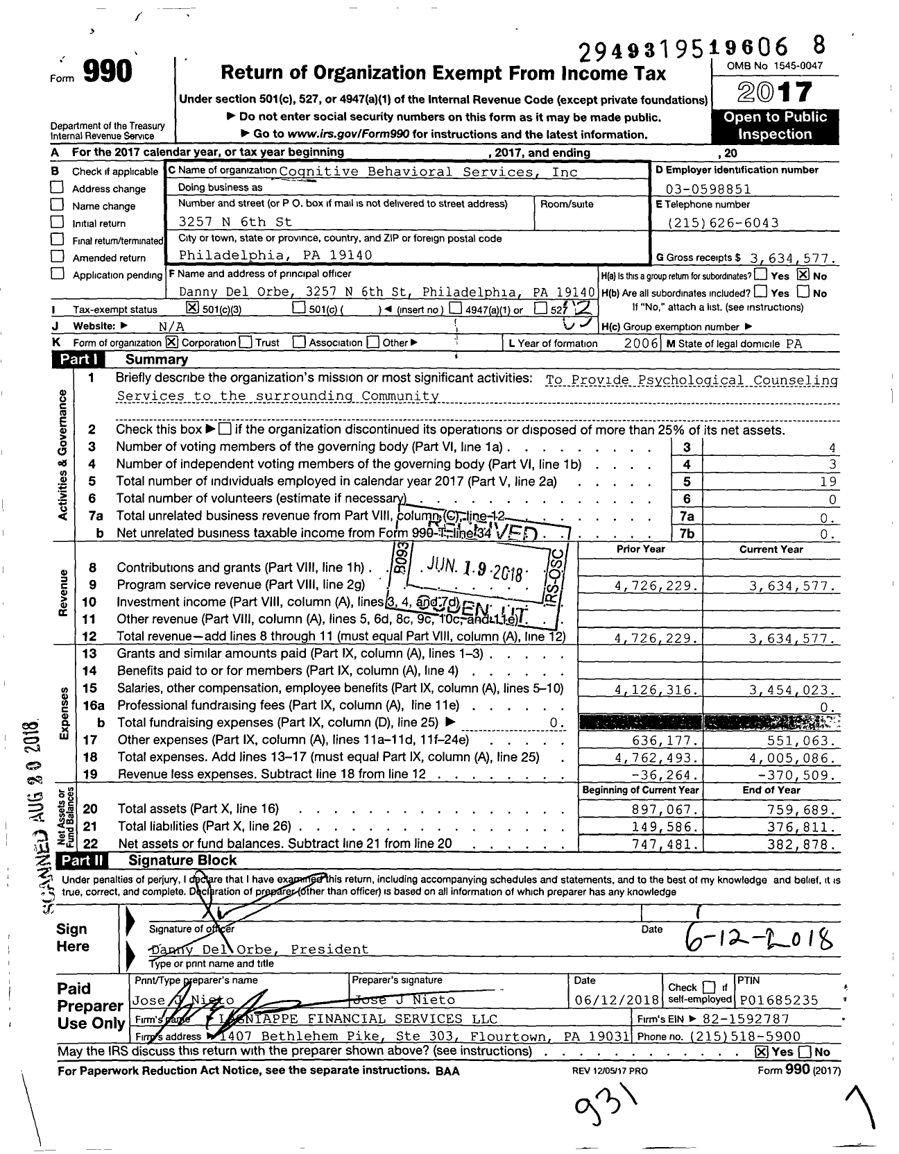 Image of first page of 2017 Form 990 for Cognitive-Behavioral Services