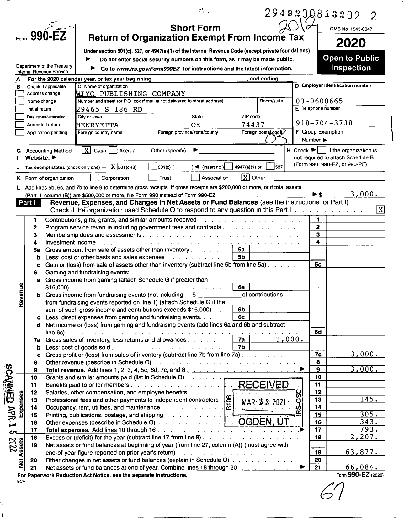 Image of first page of 2020 Form 990EZ for Wiyo Publishing Company