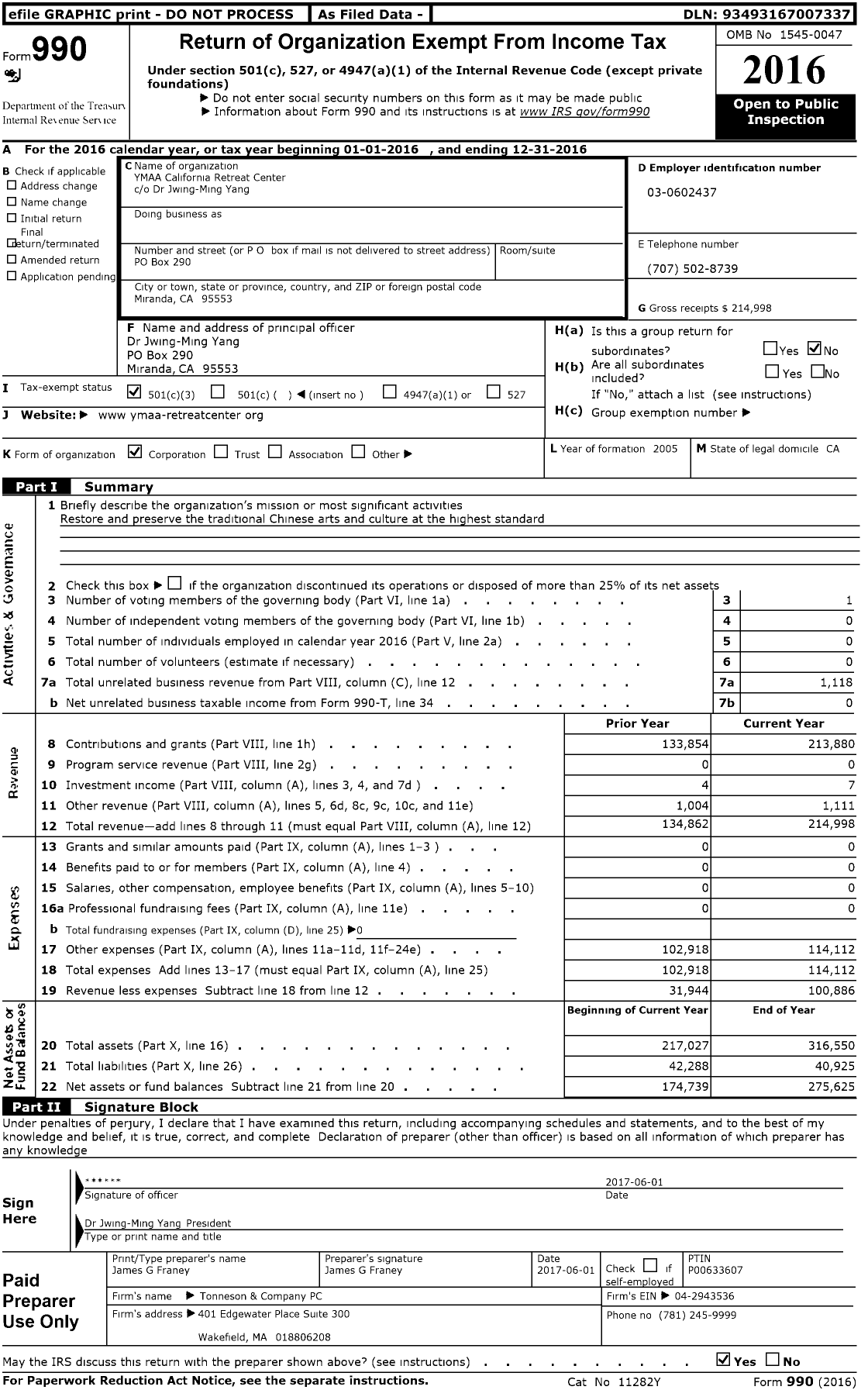 Image of first page of 2016 Form 990 for YMAA California Retreat Center