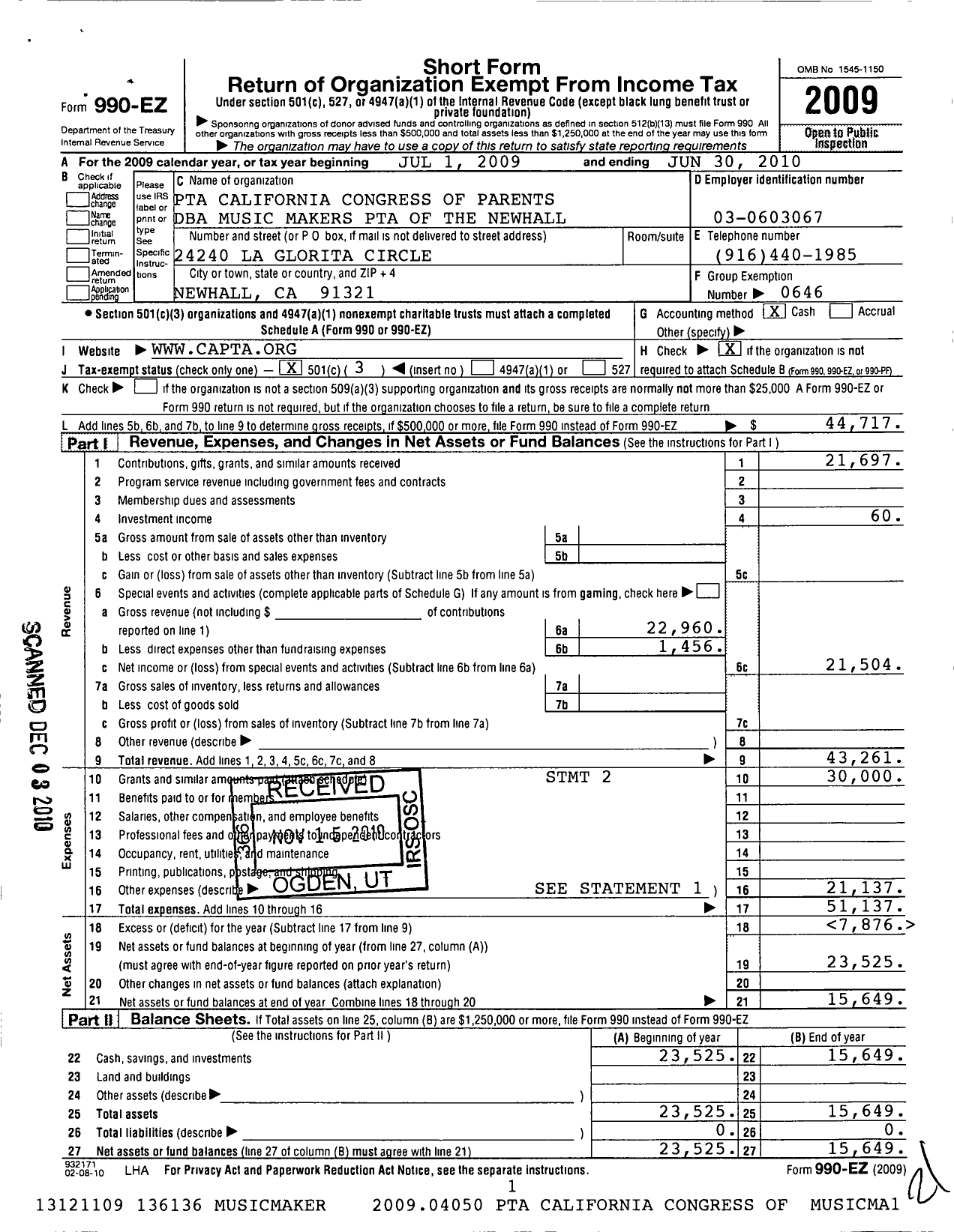 Image of first page of 2009 Form 990EZ for California State PTA - Music Makers PTA of the Newhall California Congress of Parents