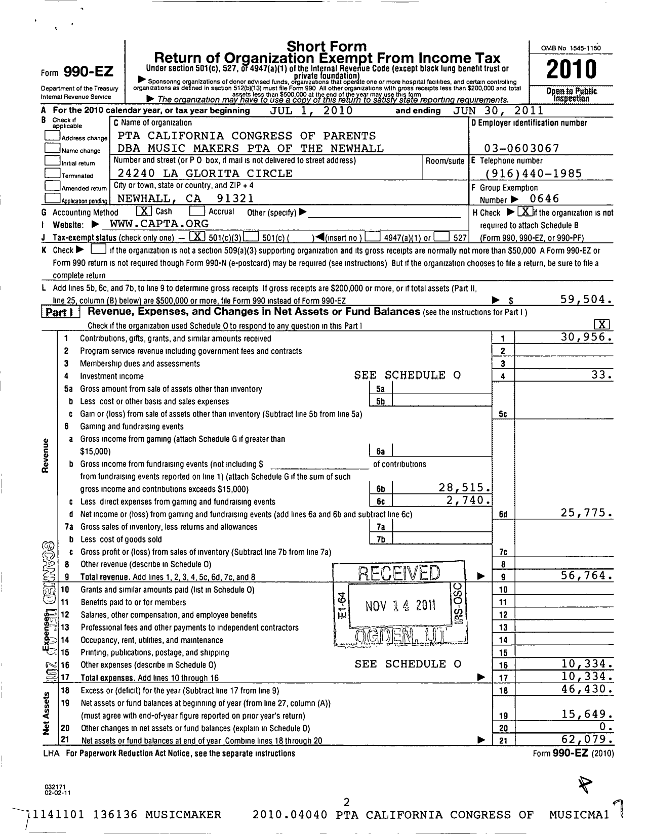 Image of first page of 2010 Form 990EZ for California State PTA - Music Makers PTA of the Newhall California Congress of Parents