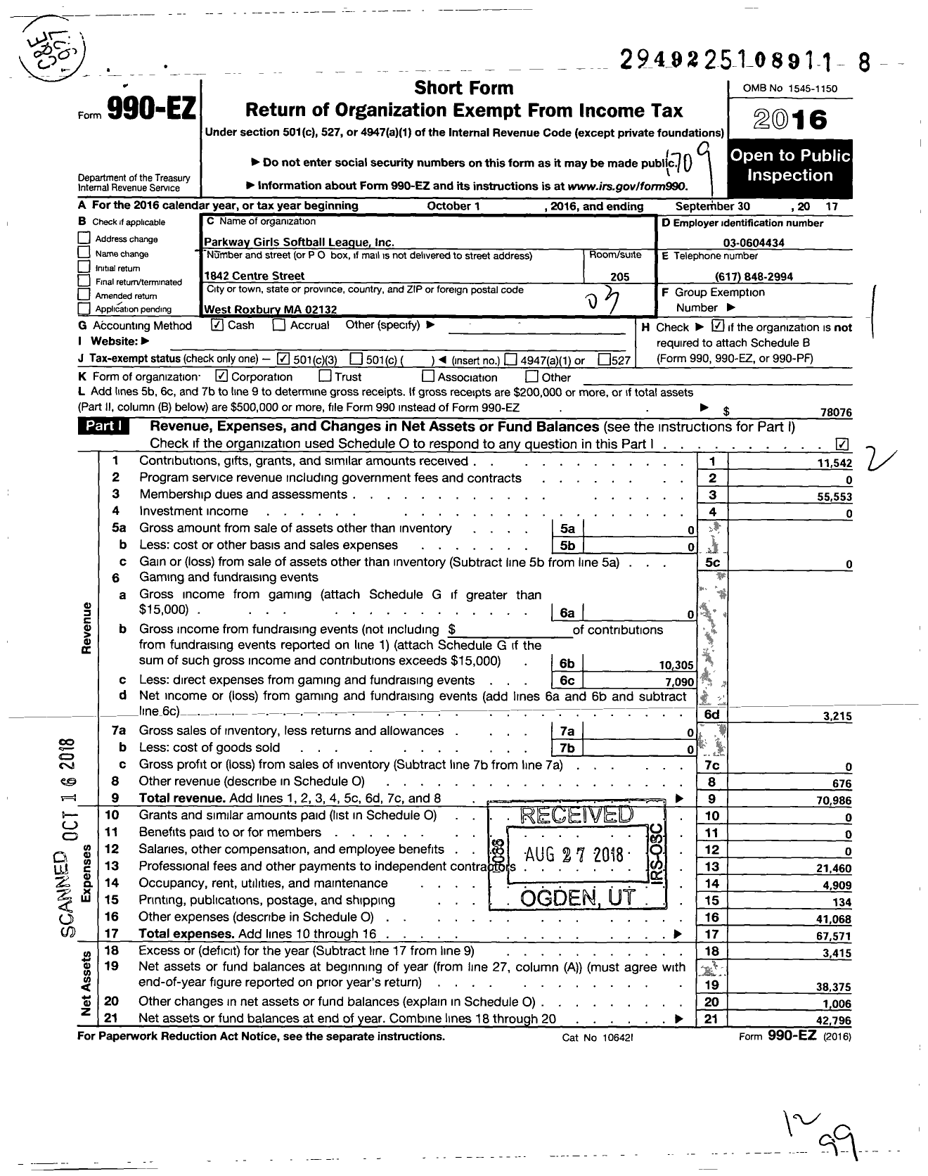 Image of first page of 2016 Form 990EZ for Parkway Girls Softball League