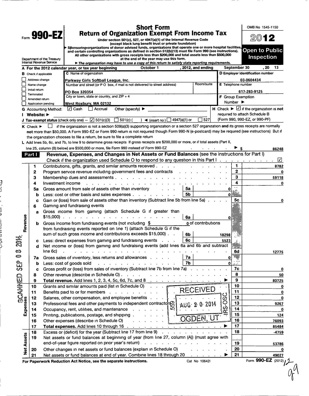 Image of first page of 2012 Form 990EZ for Parkway Girls Softball League